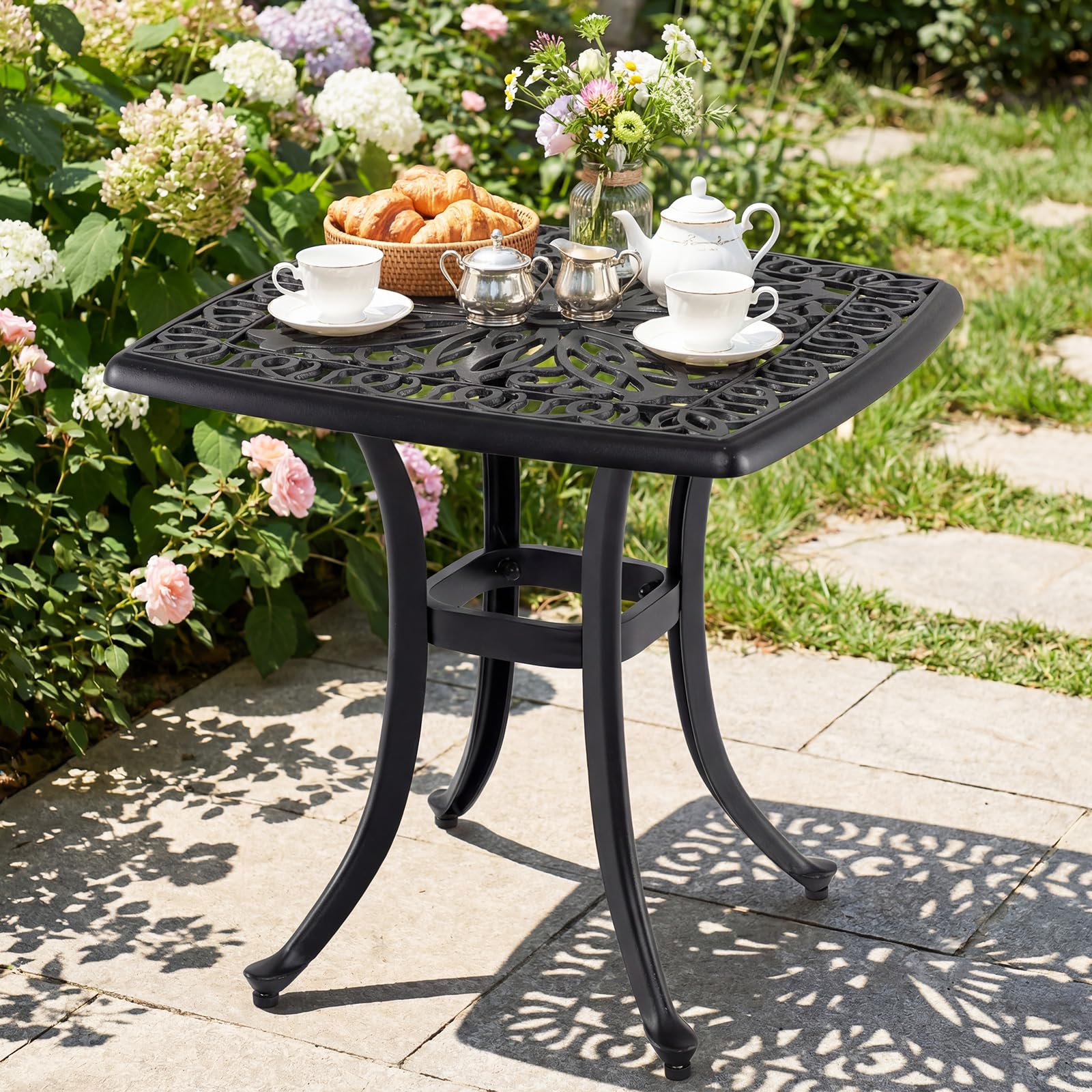 COSTWAY Tavolino da Esterno con Foro per Ombrellone | in Alluminio, Quadrato Antiruggine, per Giardino, Veranda e Balcone, Portata 120 kg