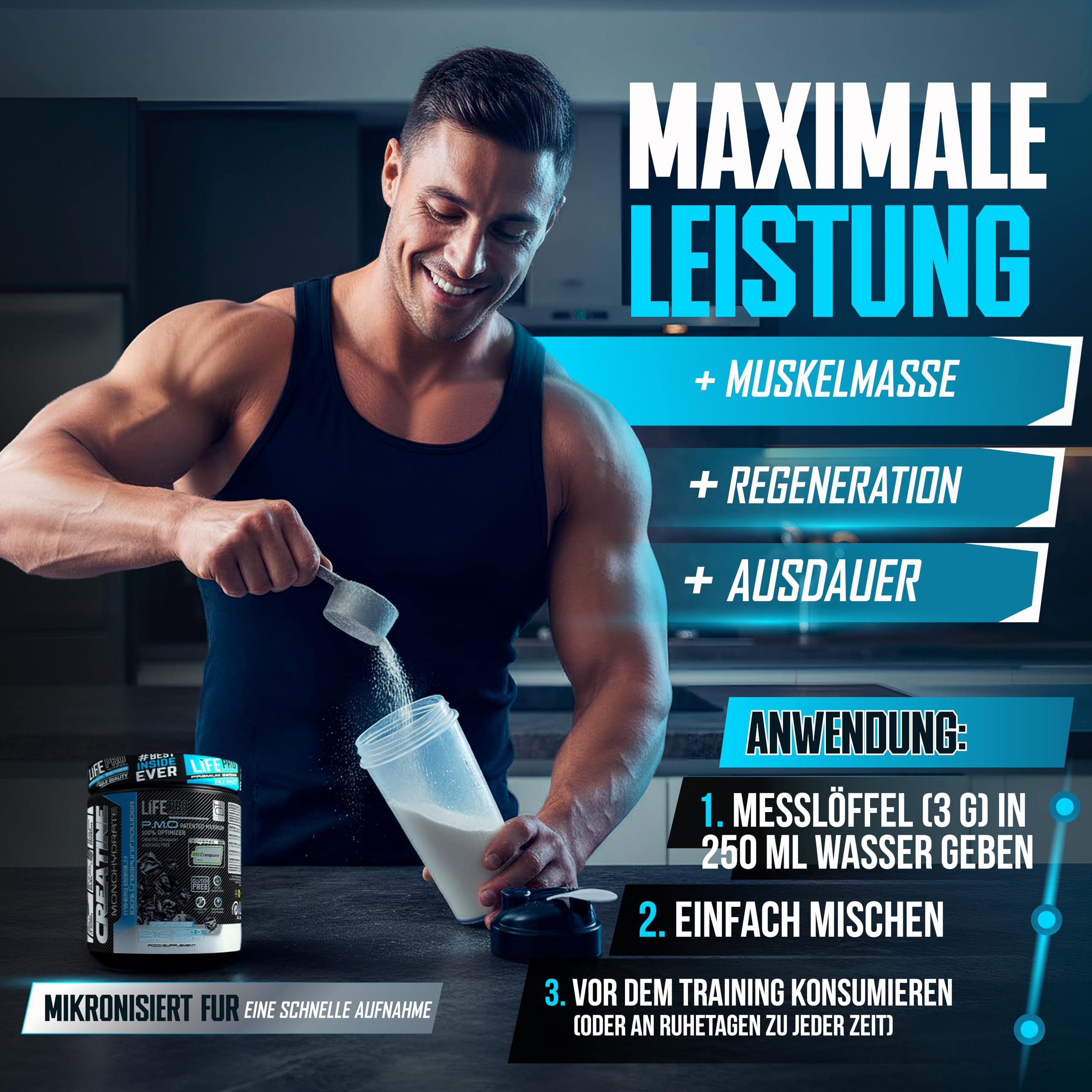 Life Pro Creatine Creapure 650 g Geschmacksneutral – Kreatin-Monohydrat aus Deutschland – mikronisiert für Leistung, Kraft & Regeneration