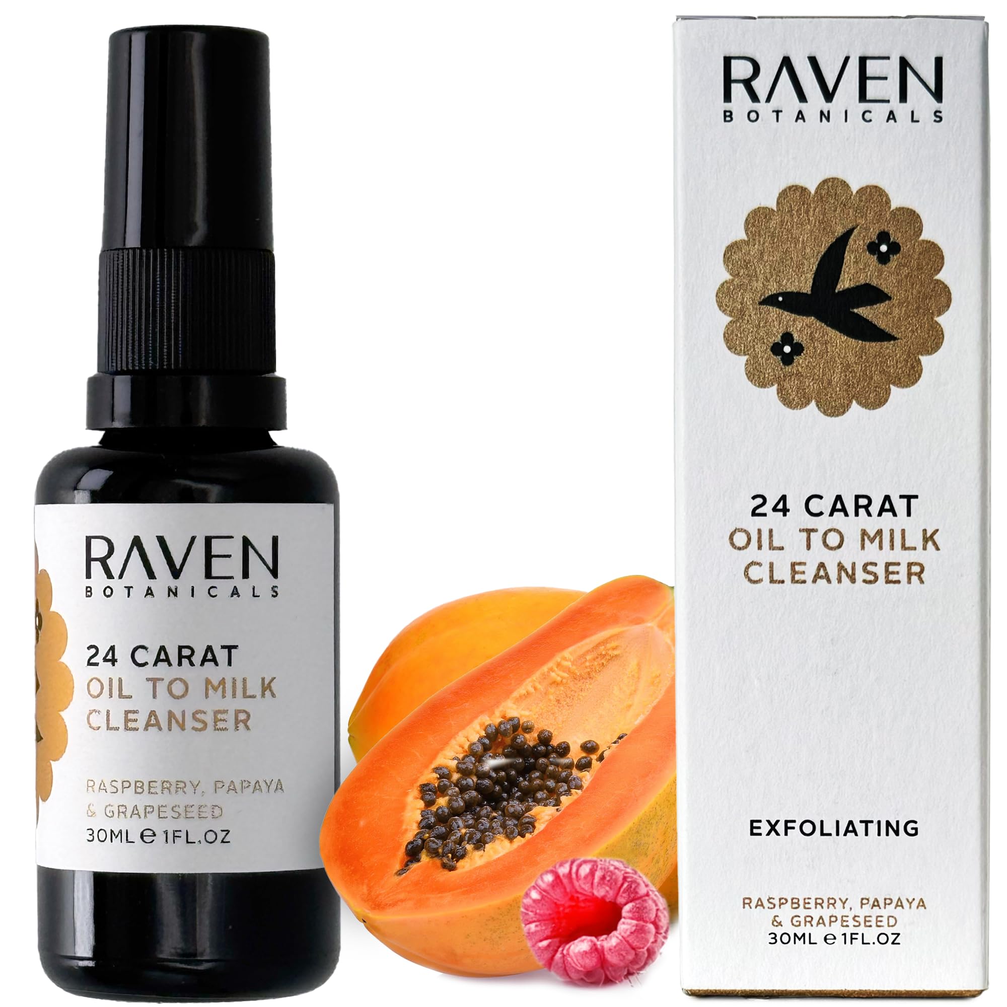 Raven Botanicals, 24 Carat Oil to Milk Cleanser, Gentle Exfoliating Formula, Vegan, Cruelty-Free, Preservative-Free
