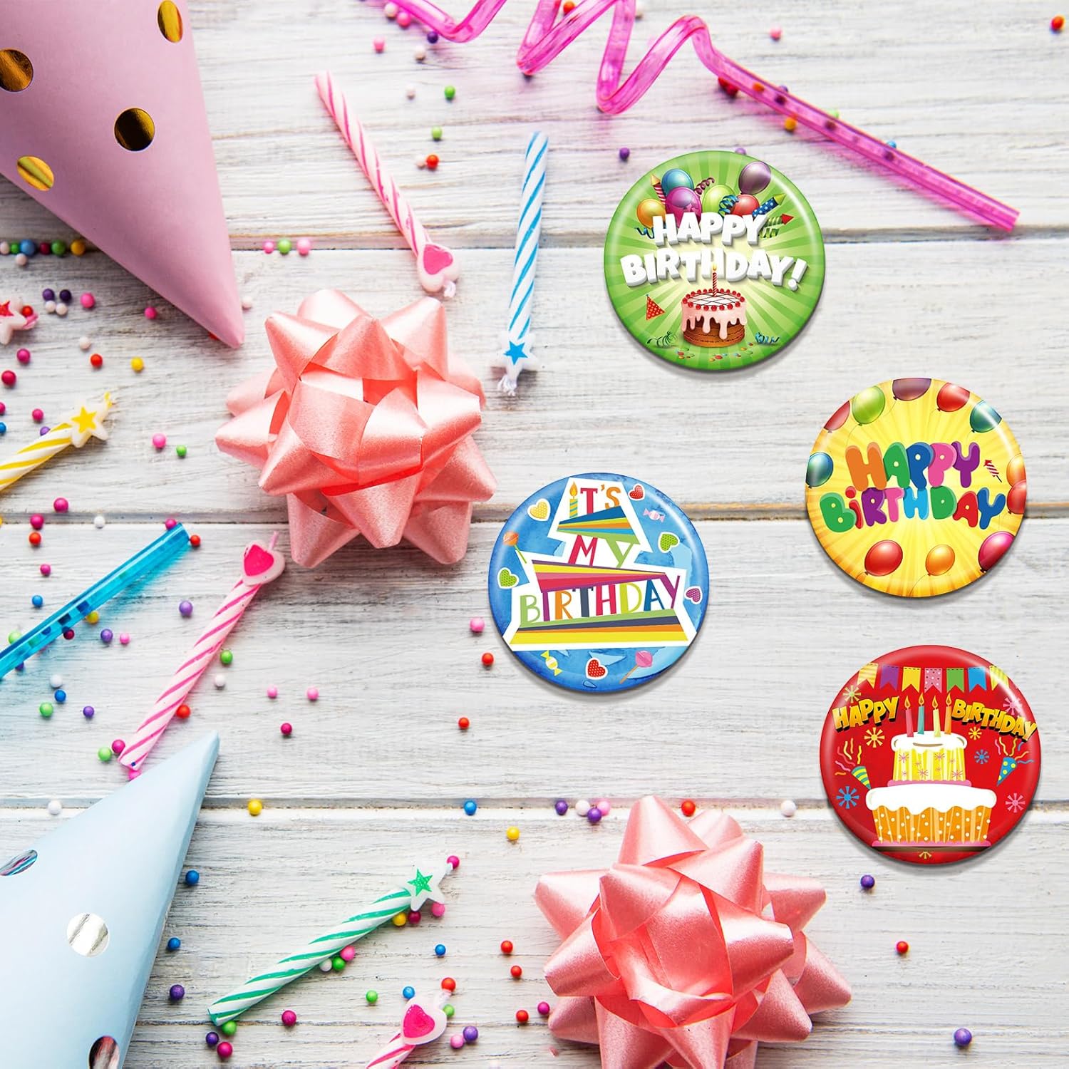Bonuci 120 Pcs Large Happy Birthday Buttons - 2 1/4 Inches, Colorful Party Button Pins for Birthday Party Supplies, 12 Styles