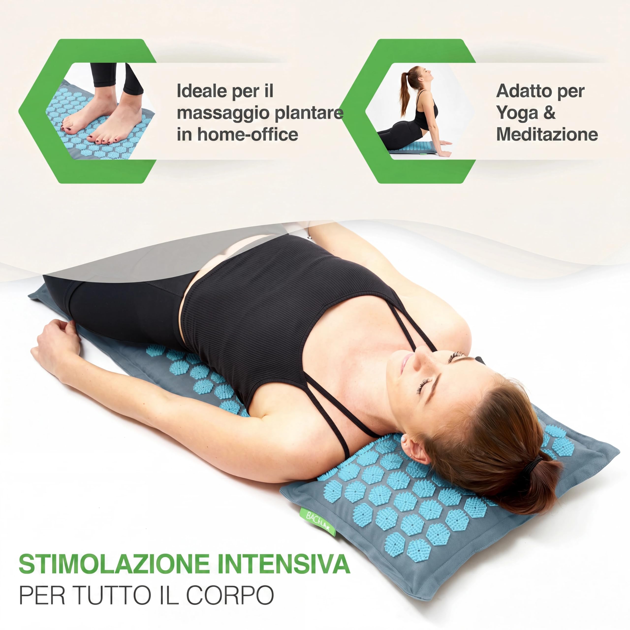 BACKLAXX® Tappetino Agopressione con Cuscino, Tappeto Agopressione Schiena | Set tappetino massaggiante: cuscino, panno, cuscino lombare, borsa, tappetino digitopressione in mezzo lino