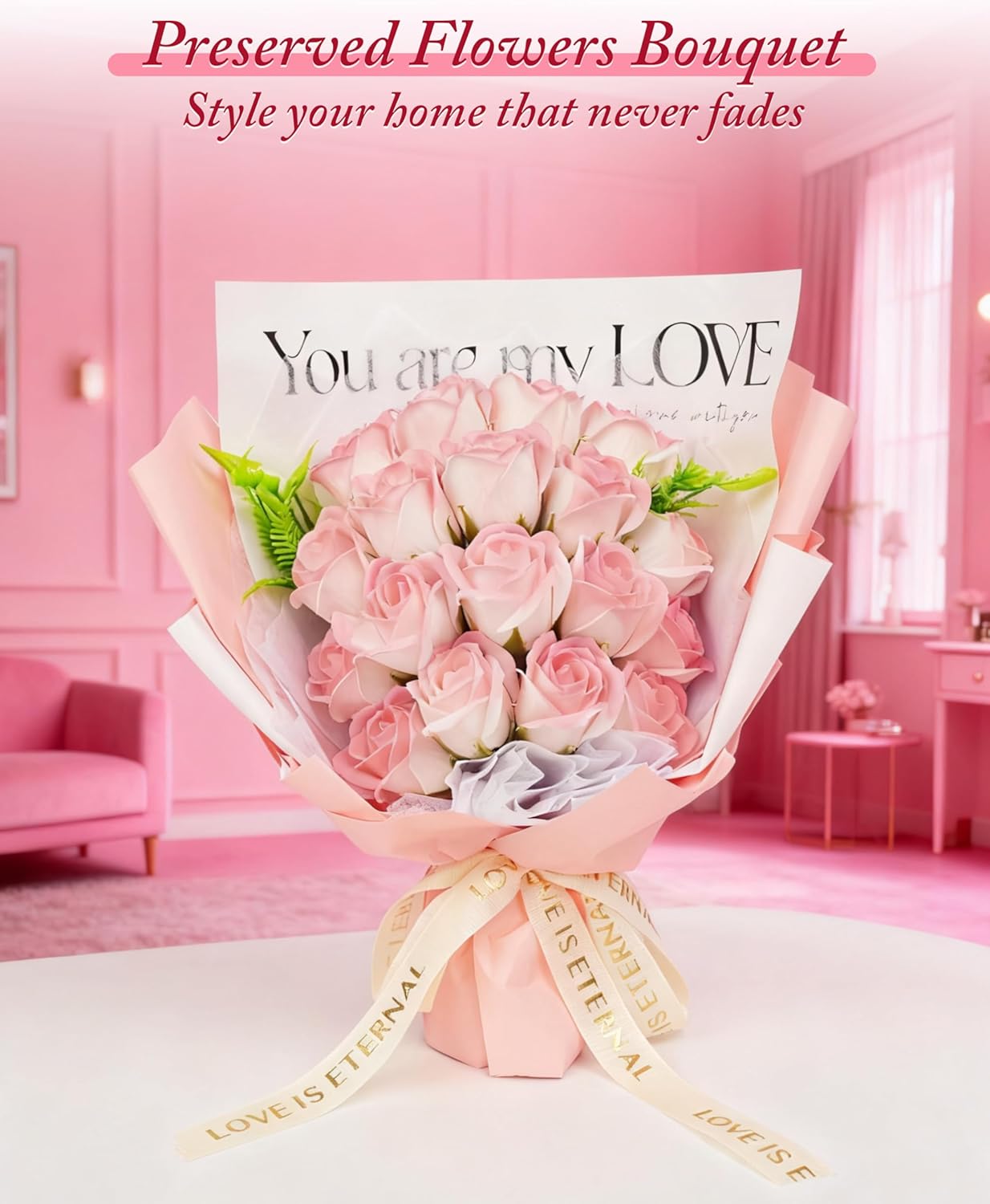 Roses Bouquet Artificial Flower Eternas Rosas with Necklace Preserved Rose Birthday Flowers Gifts Valentine's Day, Anniversary (Pure, Pink) - Image 4
