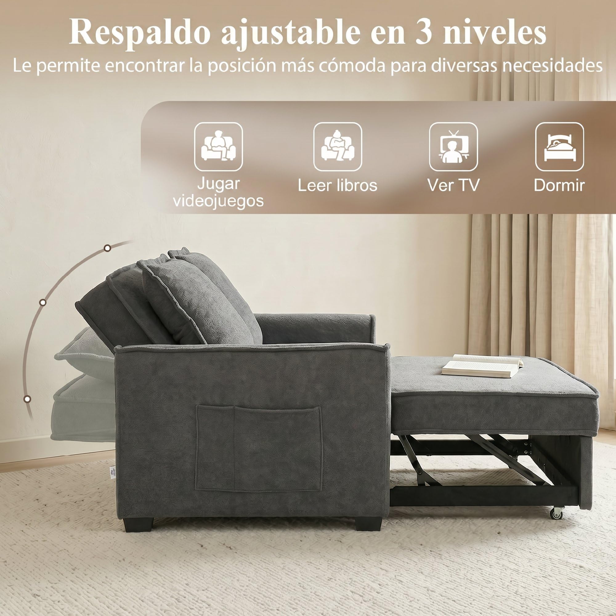 HOMCOM Sofá Cama 2 Plazas 3 en 1 Respaldo Ajustable Gris Oscuro | Sofá Cama Tejido Rizo, 3 Niveles, Bolsillos Laterales, 2 Almohadas con Fundas Extraíbles, Sala de Estar, Espacios Pequeños