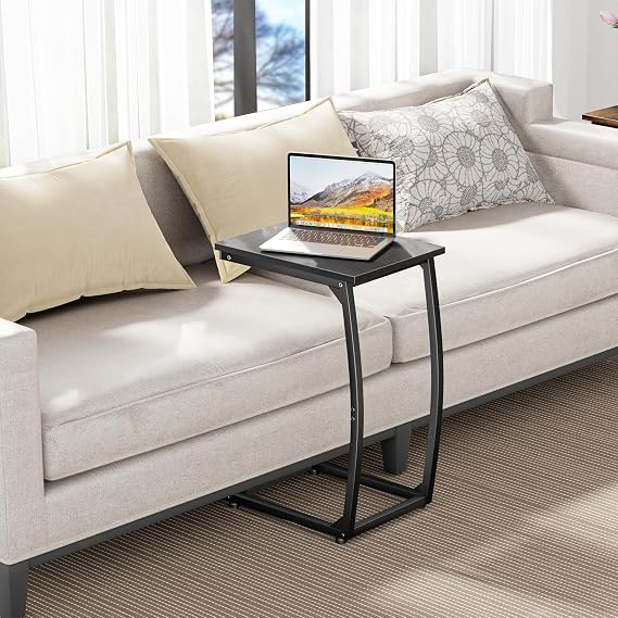 LAKEMID C Shaped Side Table,Couch Side Tables that Slide Under,Sofa End Table with Metal Frame,C Table for Sofa,Easy Assembly,Space-Saving,TV Tray Table for Living Room or Bedroom (Black)