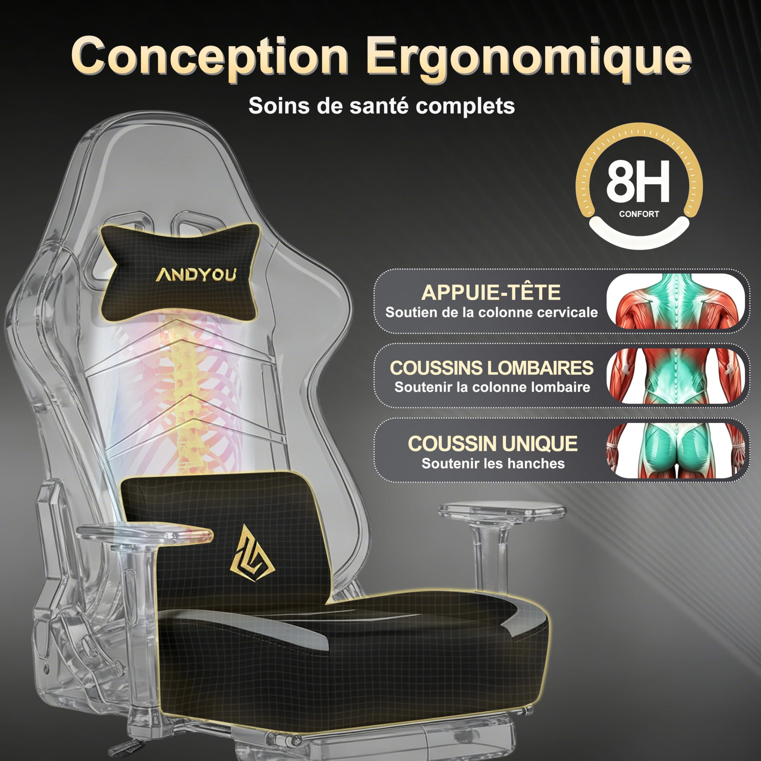 Andyou Chaise Gaming Chaise Bureau Chaise Ergonomique avec Repose Pied, Gaming Chair en Tissu Suédé, Dossier 90°-155°, Accoudoirs 3D Réglables, Fonction Bascule, Noir