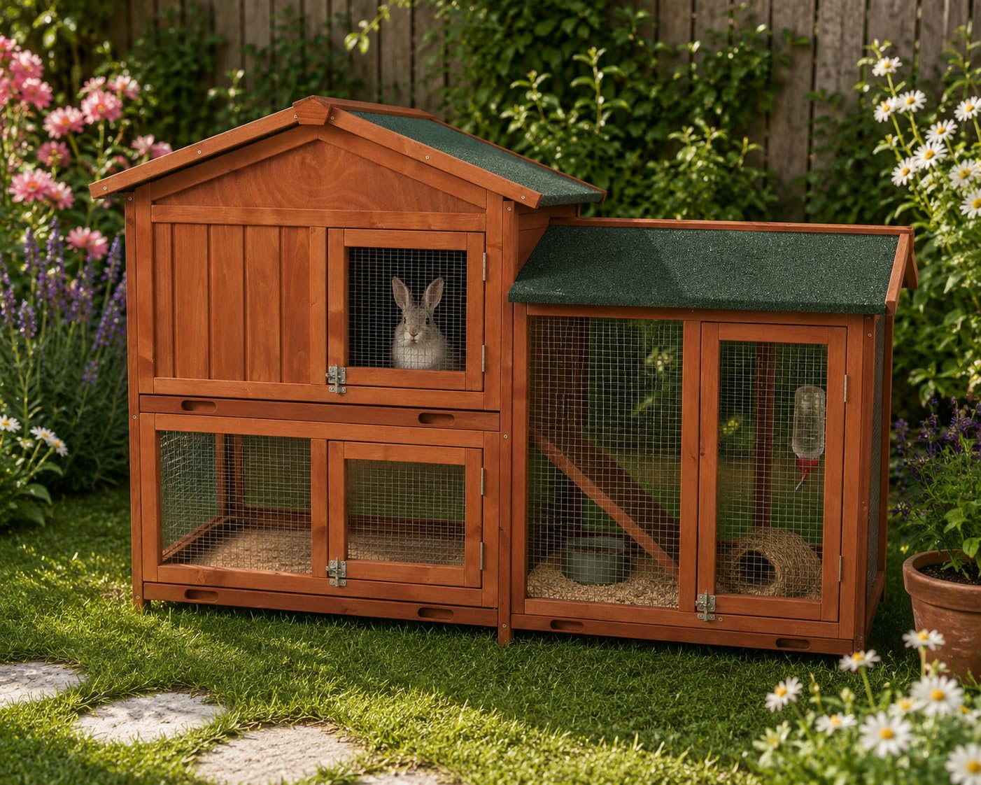 Bunny Business The Grove Red Double Decker Rabbit/Guinea Pig Hutch and Run EXTRA DEPTH WITH FLOOR (RED GROVE, NO COVER)