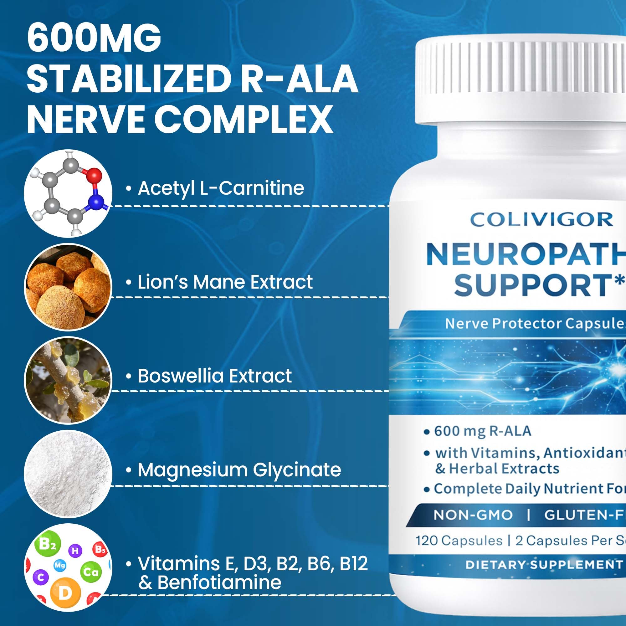 Neuropathy Supplements | R-Alpha Lipoic Acid 600mg | 120 Capsules | Neuropathy Blend with Vitamins E, B2, B6, B12, D3 & Magnesium | Antioxidant Support, Hands, Feet, Fingertips Health | Vegan — Amazon image 5