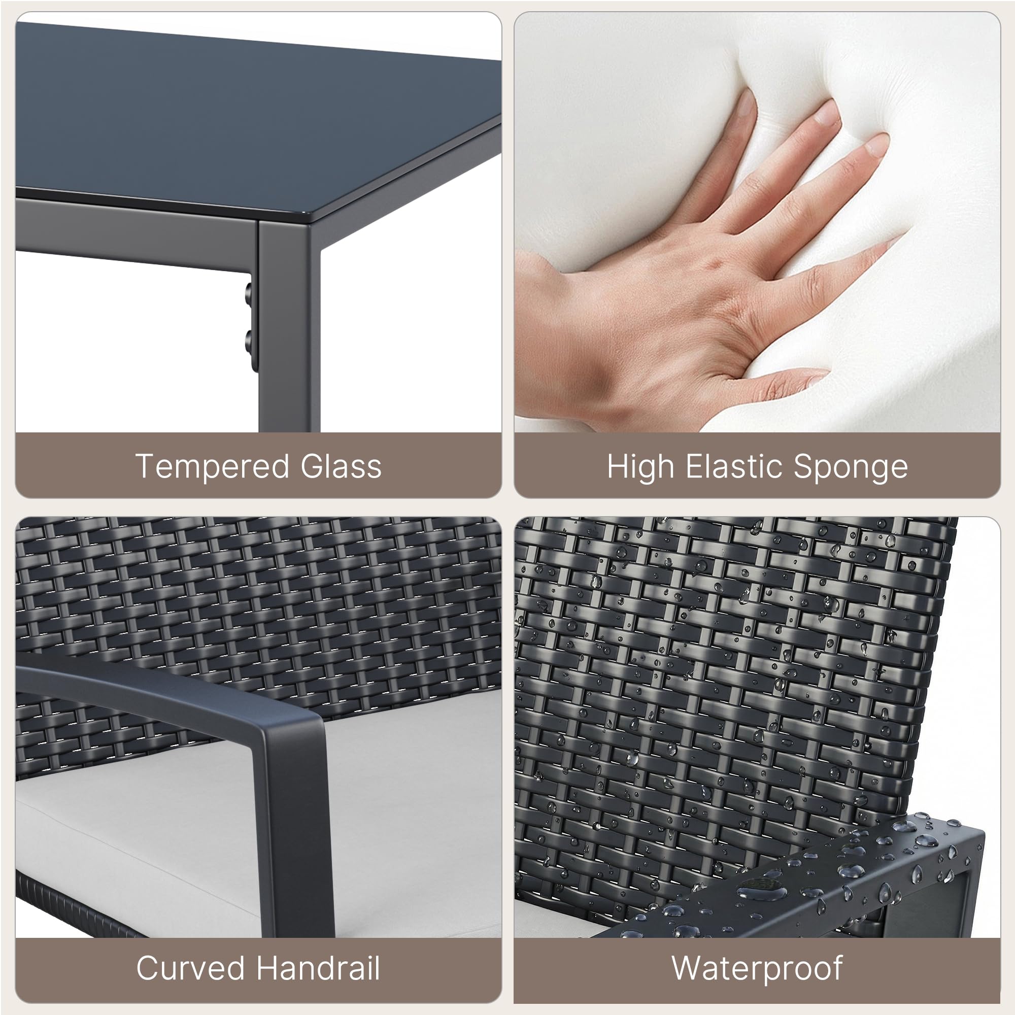 Xbro Salon de Jardin 4 Pièces en Résine Tressée avec Fauteuil Double, 2 Fauteuils à Bascule et Table Basse en Verre, Mobilier d’Extérieur pour Terrasse et Balcon, Coussins Déhoussables Gris