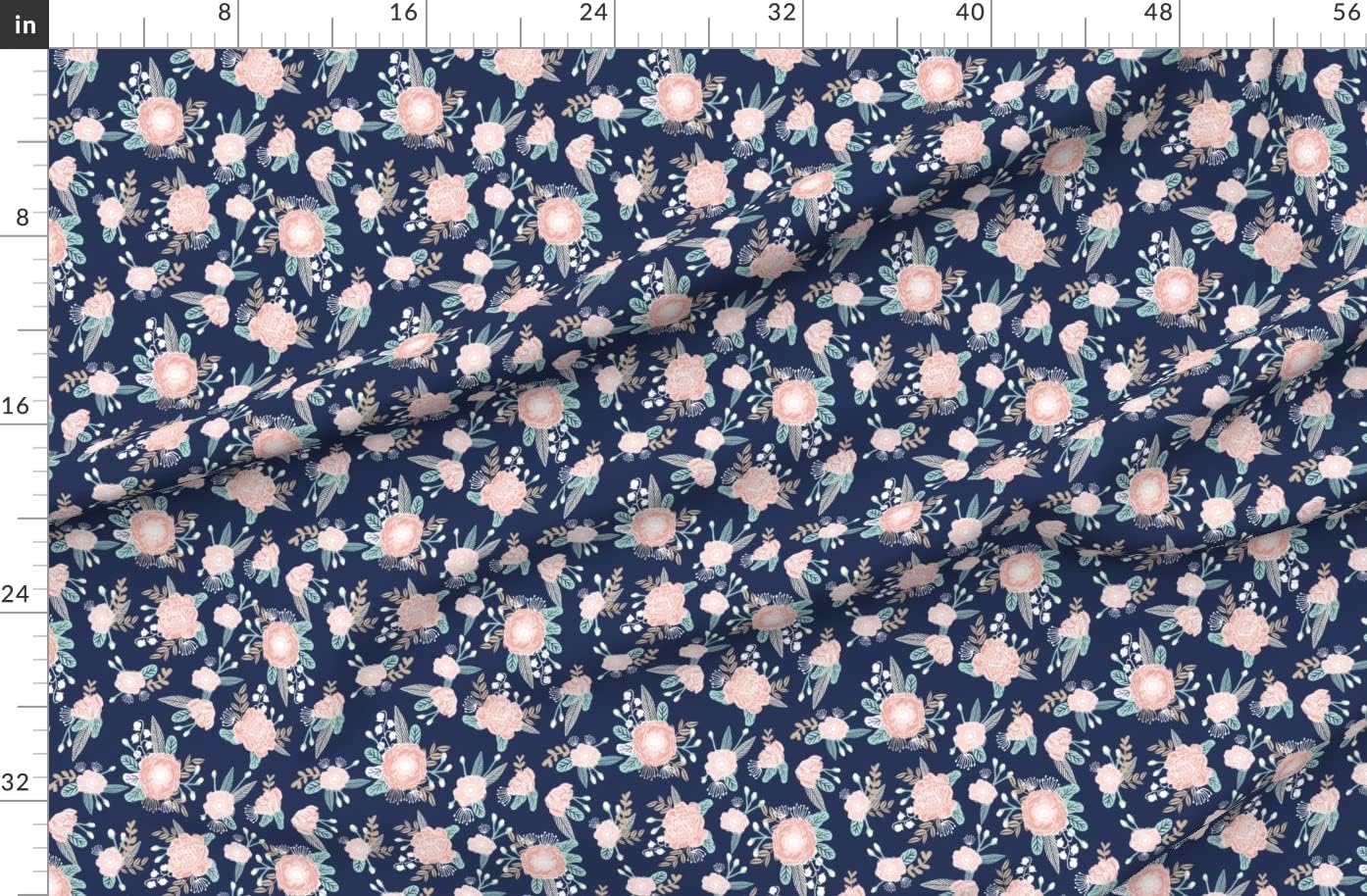 Spoonflower Fabric - Florals Navy Blue Blush Pink Taupe Floral Painted Flowers Printed on Organic Cotton Sateen Fabric by The Yard - Sewing Quilting Apparel Home Decor
