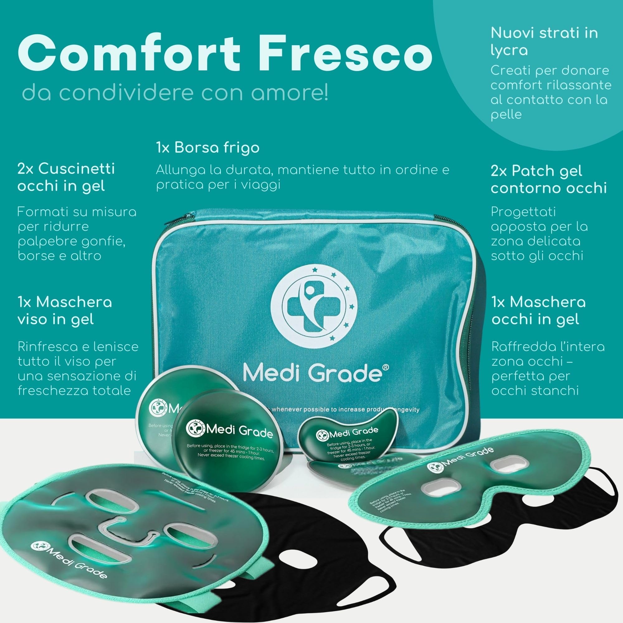Maschera Viso e Occhi Rinfrescante – Gel a Tecnologia Medi Grade – Set Completo di Maschera per il Viso, Patch Occhi e Contorno Occhi, con Borsa – Rinfresca, Contro Gonfiore e Occhiaie