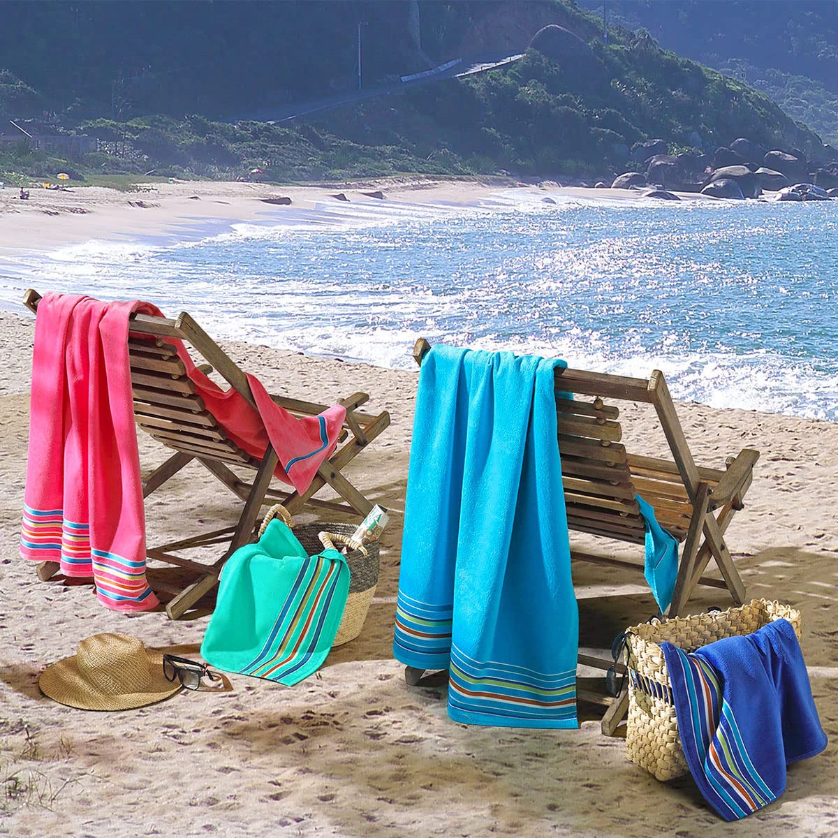 4-Pack Large Beach Towels - 36"x70", Medium Thickness 500 GSM, 100% Cotton, Striped Border (Turquoise, Mint, Pink, Cobalt)