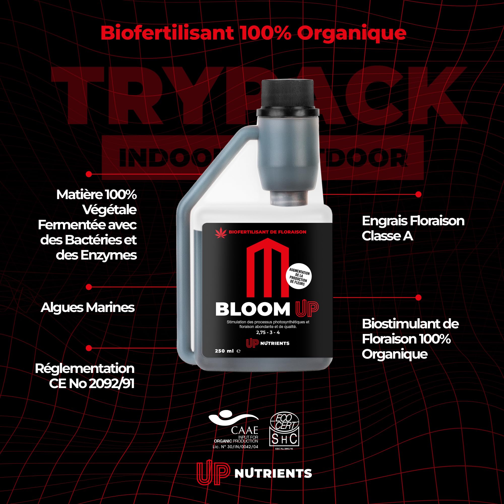UP NUTRIENTS Trypack Engrais Grow, Bloom & Boost 250 ml | Engrais 100% biologique pour culture en intérieur & extérieur | Enracinement, Croissance et Floraison | Stimulant fleurs et plantes (250 ML)