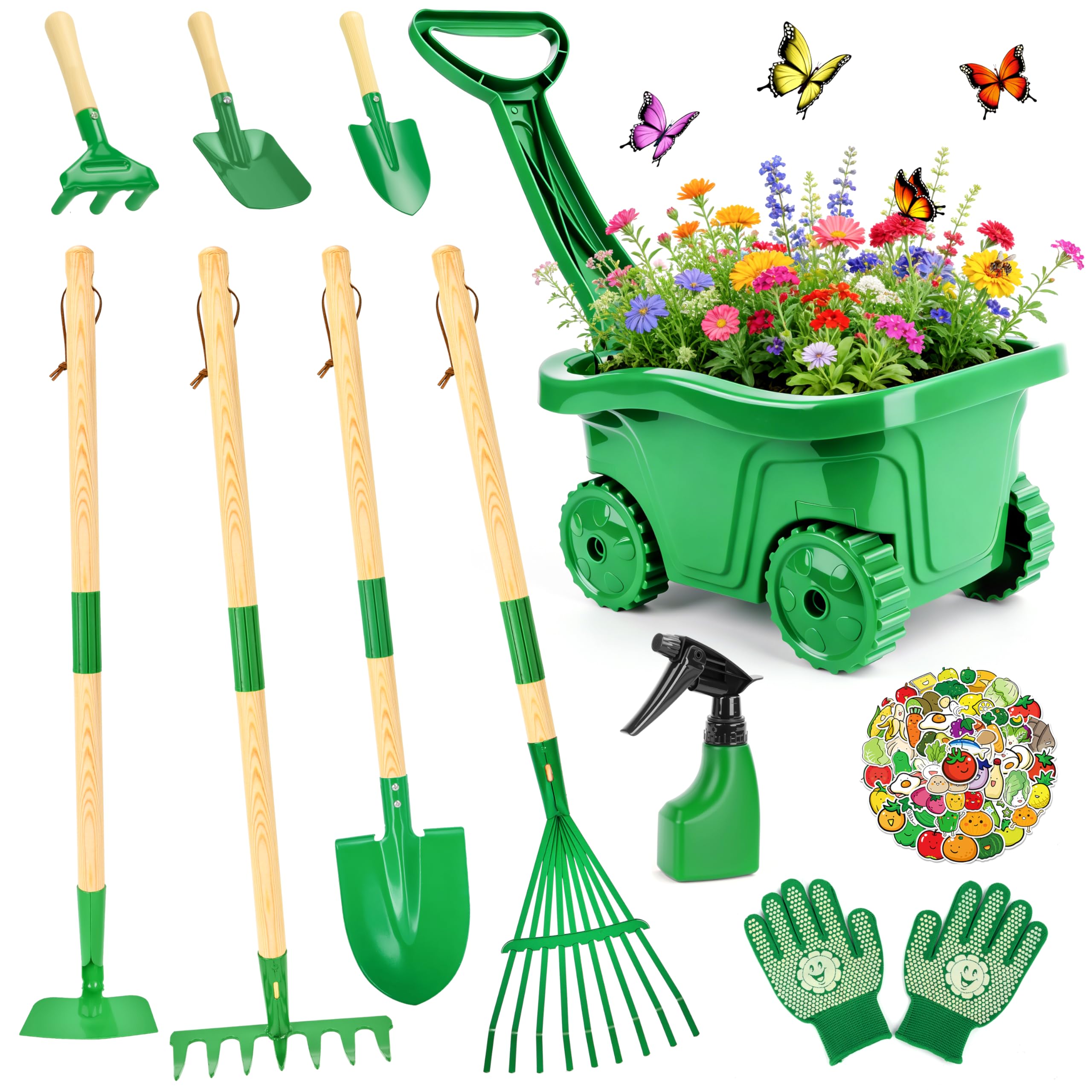 IEEILULU Carretilla Niño, Kit Jardineria Niños con Pala Rastrillo Guantes, Herramientas Jardineria Infantil Extraíble, Regalo Juego Exterior para 3+ Años (Verde)