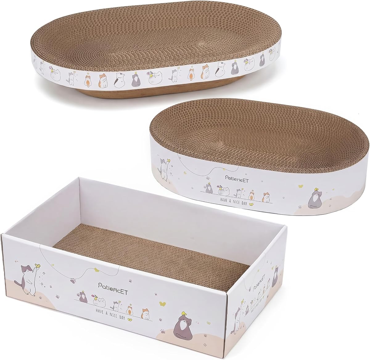 Juego de cartón rascador para gatos 3 en 1 para gatos de interior | Caja de salón para gatos con camas ovaladas anchas y delgadas, tabla rascadora corrugada para gatos para protección de muebles, descanso y juego