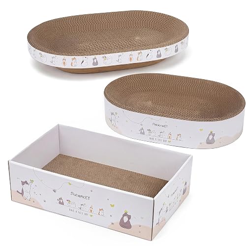 PatiencET 3-in-1 Cat Scratcher Cardboard Set for Indoor Cats | Cat Lounge Box with Wide & Slim Oval Cat Beds, Corrugated Cat Scratching Board for Furniture Protection, Rest & Play - Mix with Box - 3 Pack