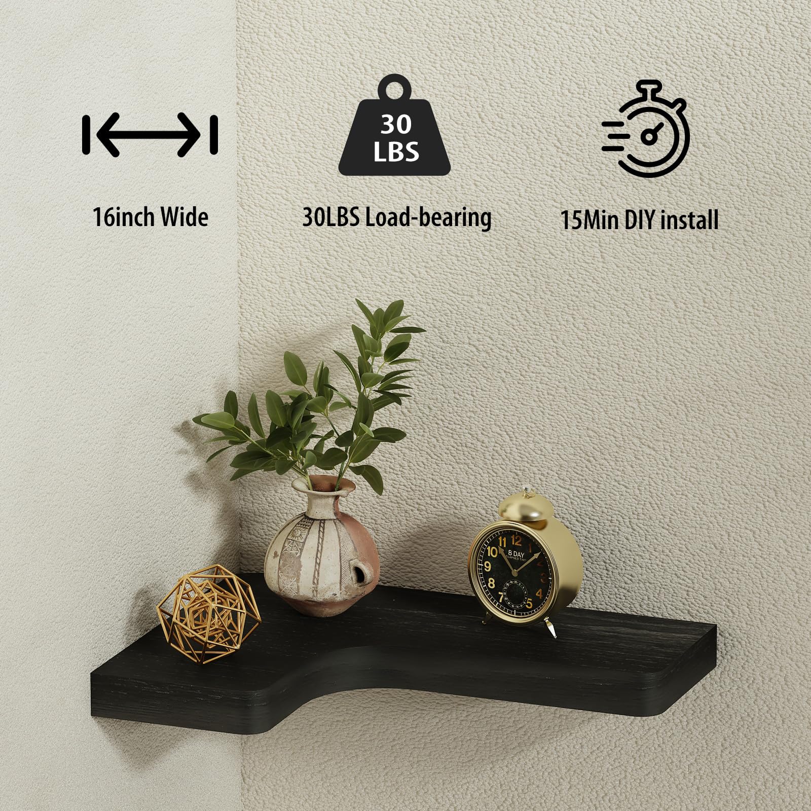 SAUMONIERES Juego de 3 estantes flotantes de esquina de madera maciza para dormitorio, baño, cocina, almacenamiento, color negro, soportes invisibles