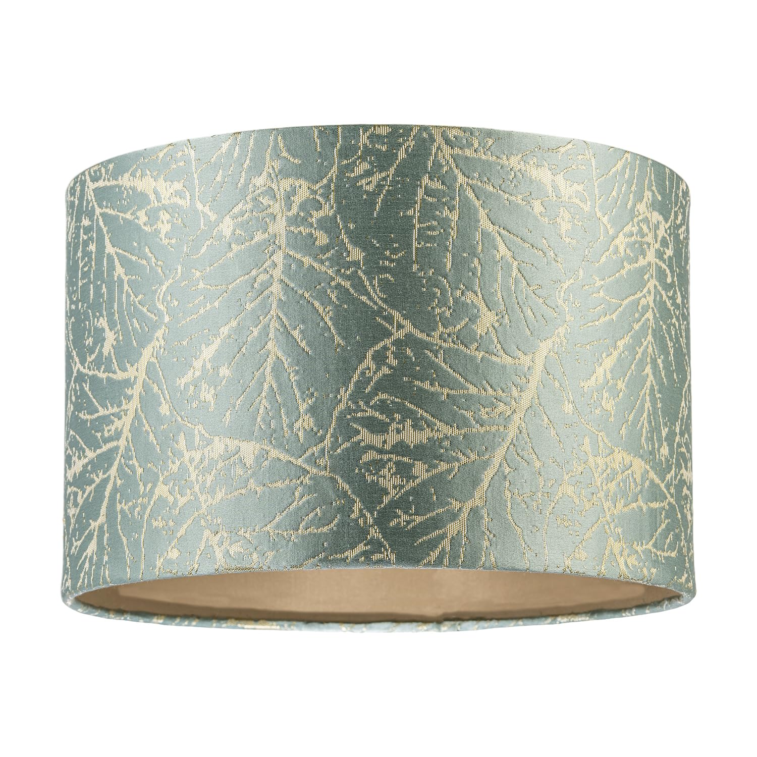 Abstract Botanical Leaf Motif Jacquard Fabric Lamp Shade in Silver Duck Egg | 20cm x 30cm | Inner Soft Cream Satin Shimmer Lining by Happy Homewares