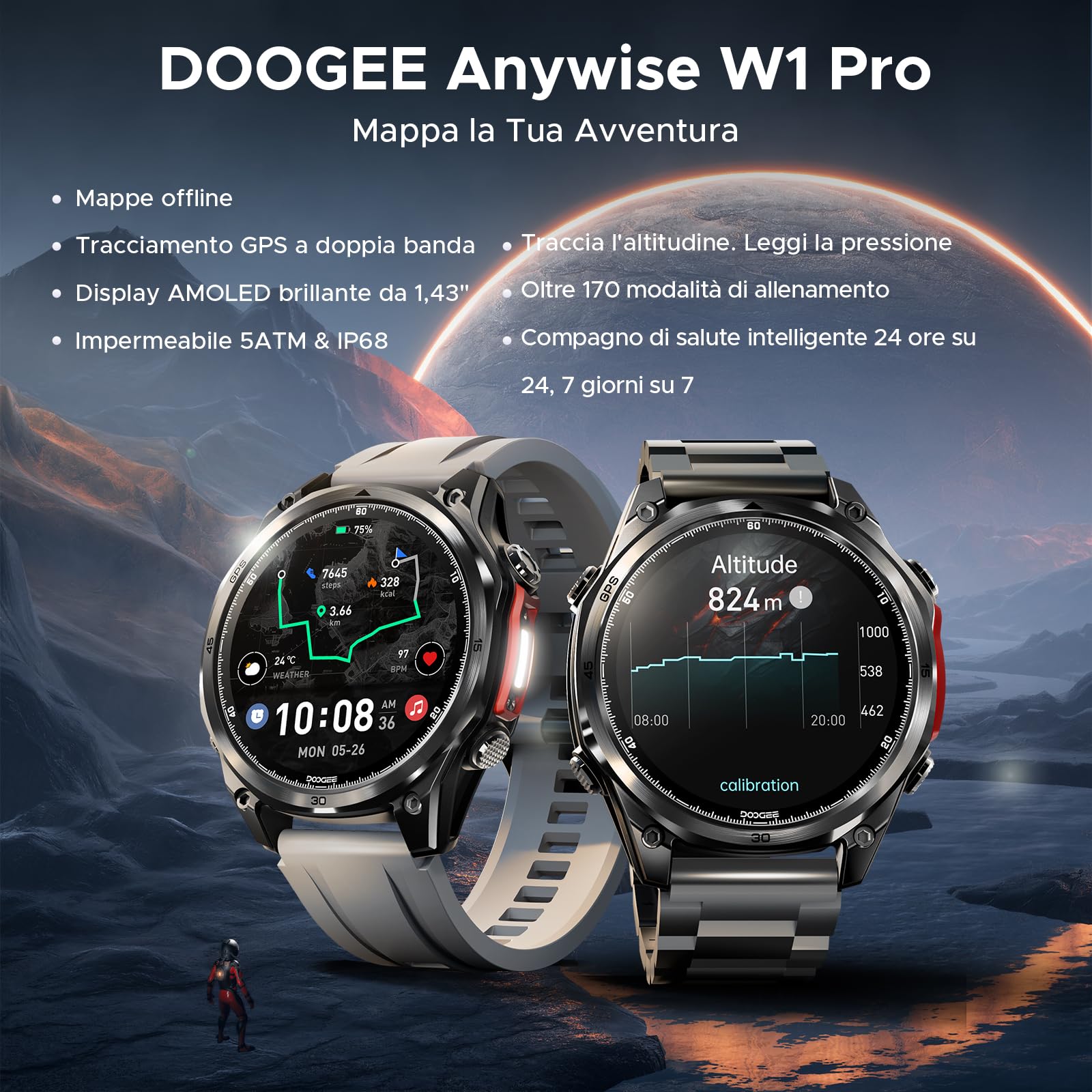 Anywise W1 Pro Orologi Smartwatch uomo,GPS Dual-Band & Mappe Offline, 5 ATM, 12 Giorni Autonomia, Display AMOLED HD 1,43", 170+ Modalità Sport,Chiamate Bluetooth,Compatibile con Android/iOS