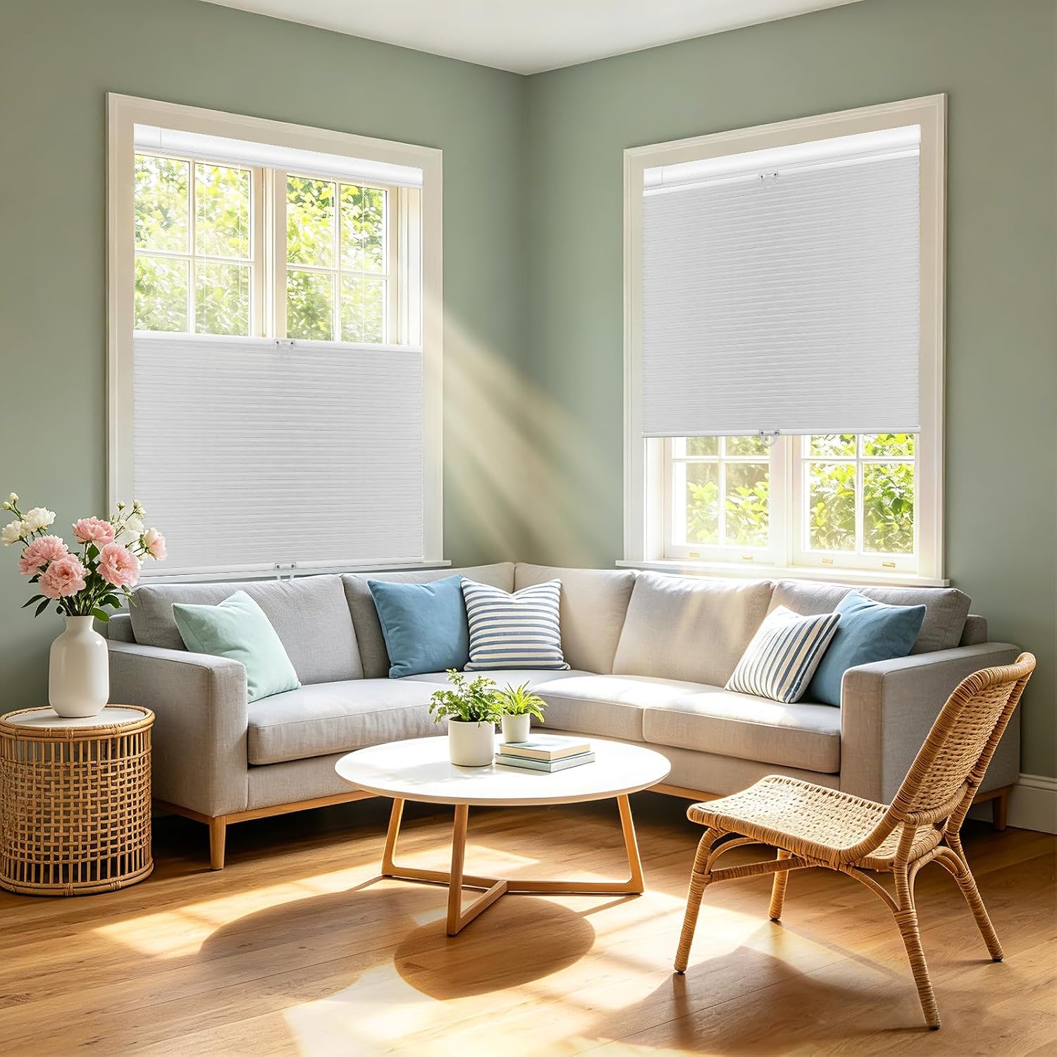 No Drill No Tools Cellular Shades Top Down Bottom Up Honeycomb Blackout Blinds Cordless Window Blinds Easy to Install Cellular Shade for Indoor Windows, White, 30" W x 48" H