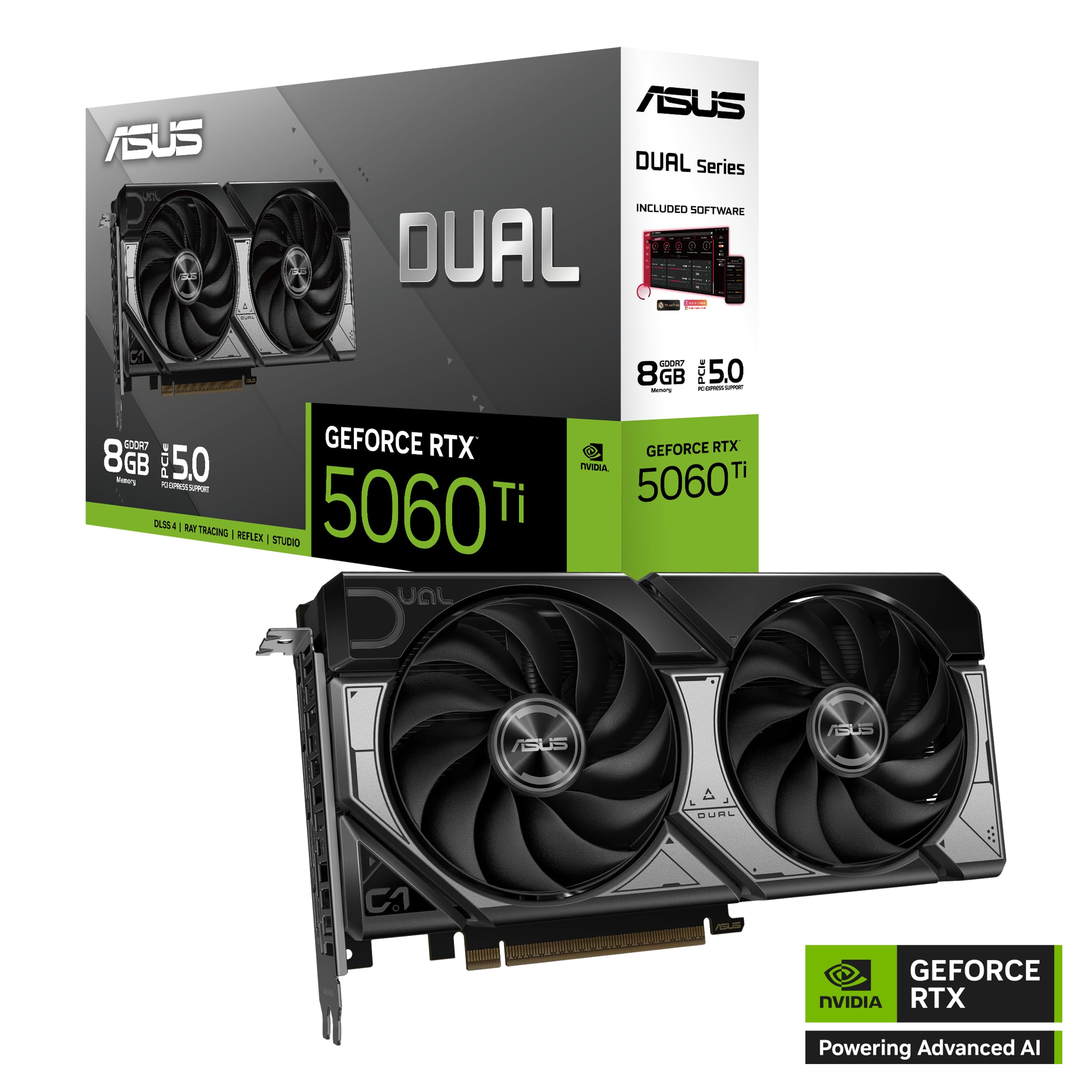 Asus Dual NVIDIA GeForce RTX 5060 Ti 8GB GDDR7 – karta graficzna (PCIe 5.0, DLSS 4, HDMI 2.1b, DisplayPort 2.1b, gniazdo 2.5, wentylatory osiowe, technologia 0dB, Dual BIOS)