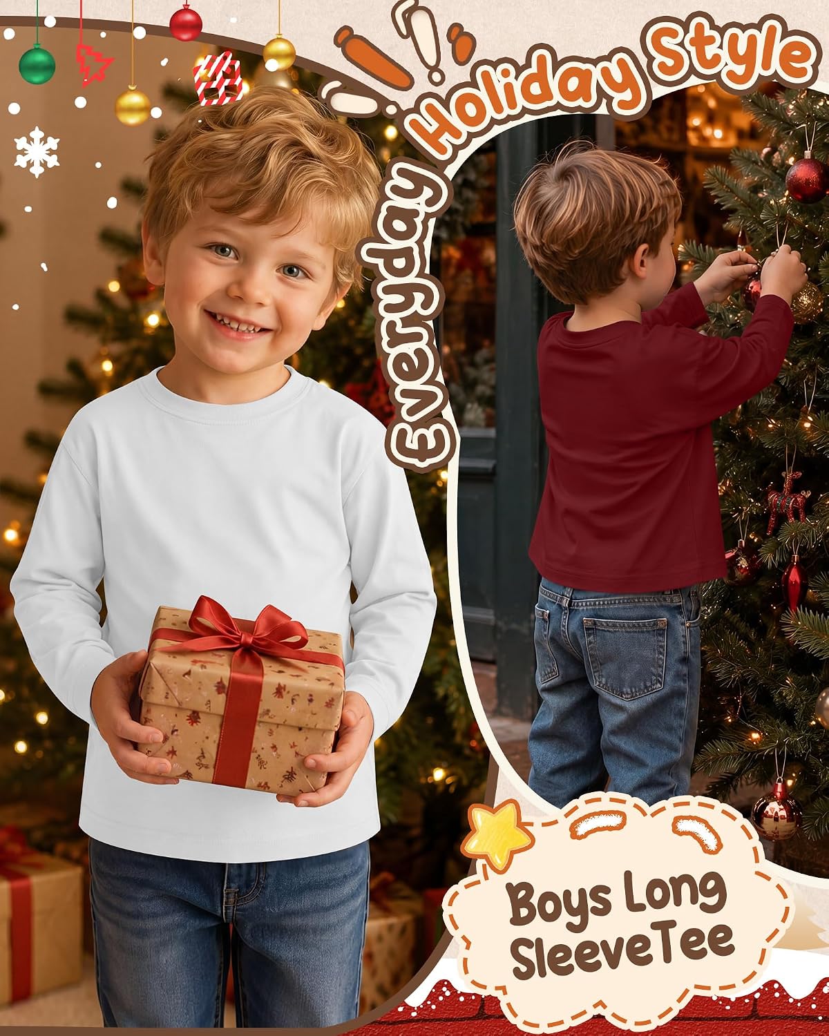 Yooo's Vivi 5 Pack Toddler Boys Shirts Long Sleeve Crew Neck Tops Solid Basics for School Uniform Casual Loose Tees