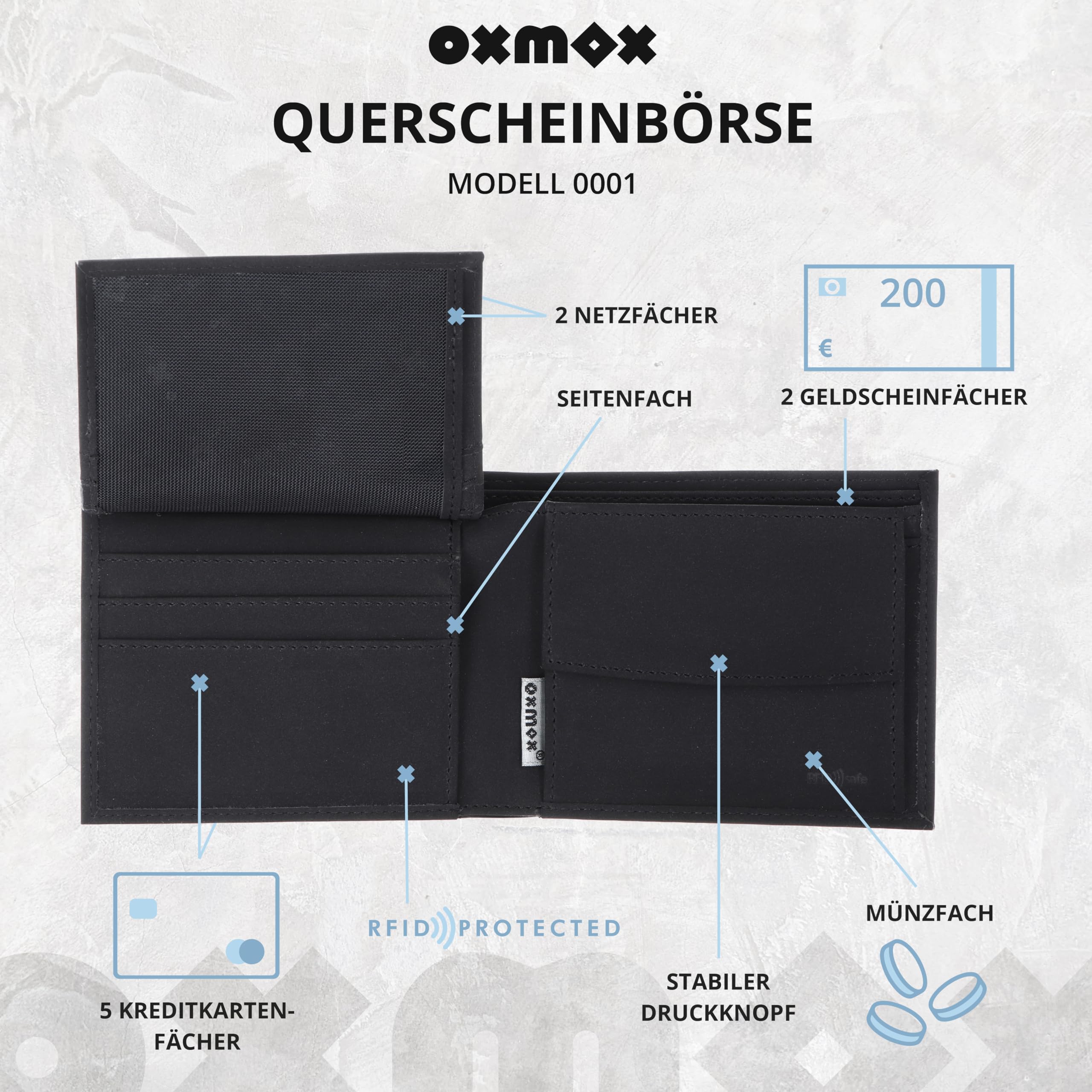 Oxmox Monedero New Cryptan RFID Protect Querscheinbörse Footsteps Print Grey Black Negro