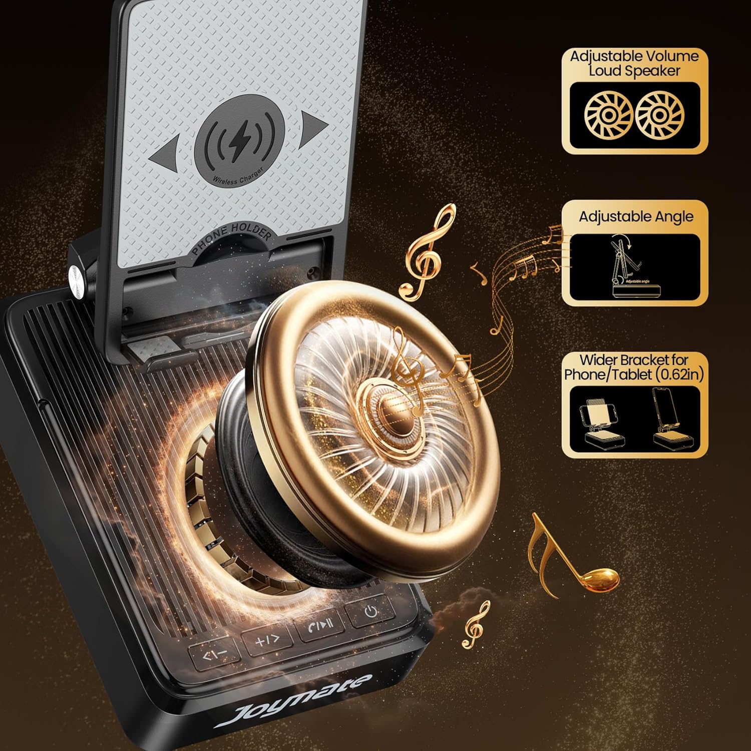 Gifts for Men and Women, Wireless Phone Charger Stand with Bluetooth Speaker and Adjustable Angle Phone Holder for Desk Tech Gift for Birthday/Valentines Day/Christmas(Black) - Image 4