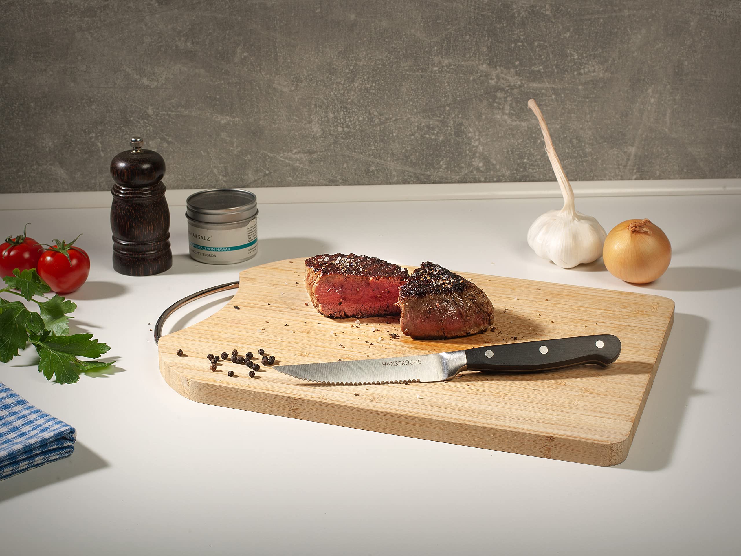 Hanseküche Set di Coltelli da Bistecca – 6x Coltelli da Bistecca di Alta Qualità con Manico in Legno – Elegante Set di Posate in Acciaio Speciale Inossidabile con Lama Seghettata e Confezione Regalo