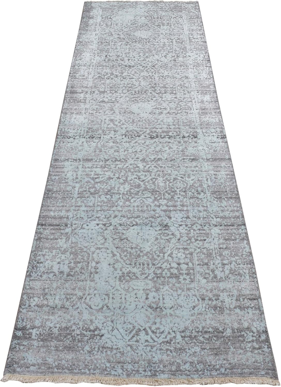 Chetwode Green Broken Design Hand Knotted Wool-Silk Runner Oriental Rug (2'7"x9'9")