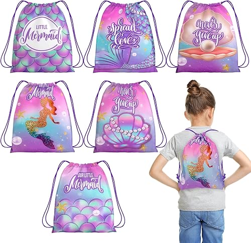 Paquete de 12 bolsas con cordón para fiesta de sirena, para cumpleaños de niños, niñas, con cordón, mochila como bolsa de botín y regalos para