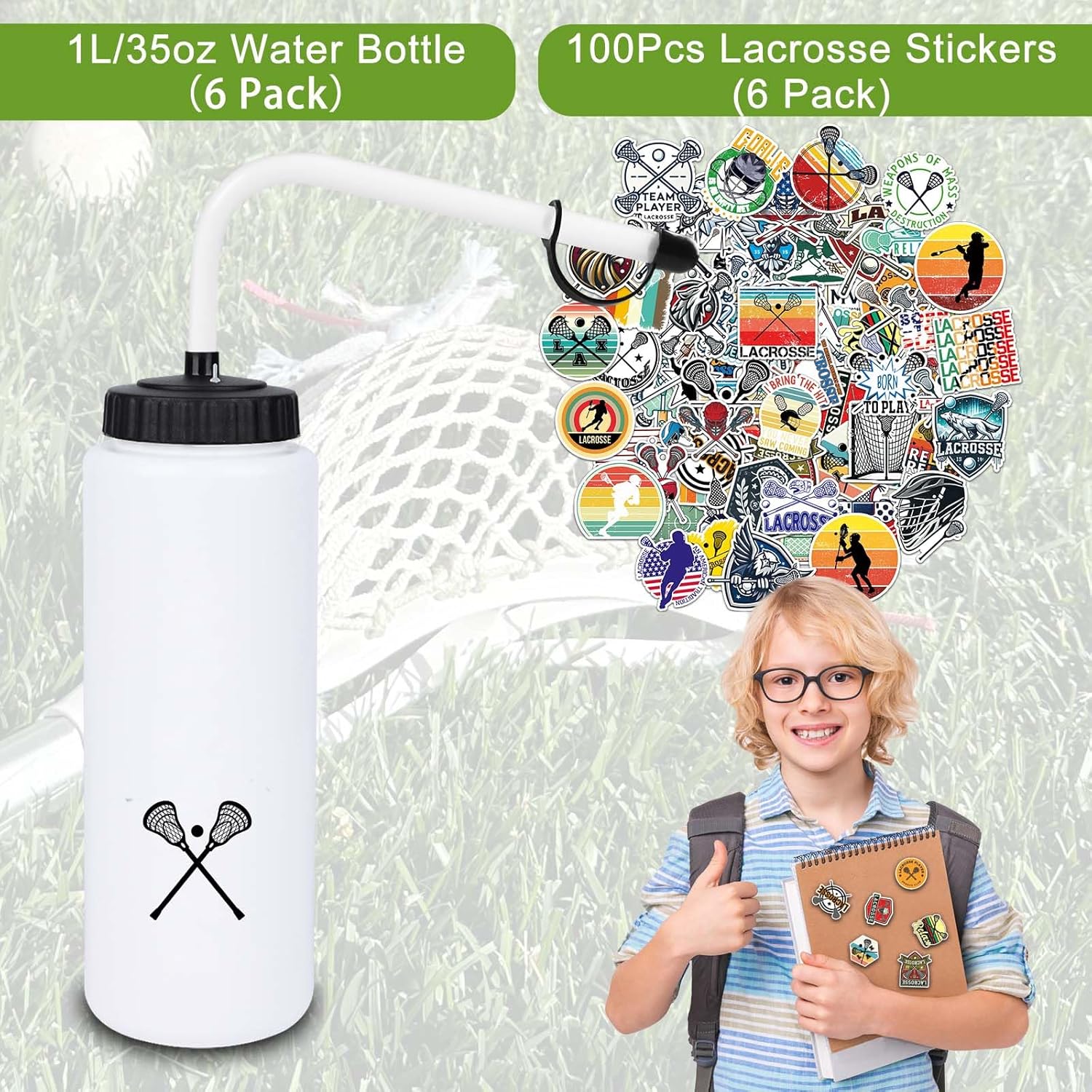 Lacrosse Gifts,6 Pack Lacrosse Water Bottle with Long Straw and 600PCS Lacrosse Stickers Accessories Stuff for Boys Men Player Lovers(1L,BPA,Squeeze)