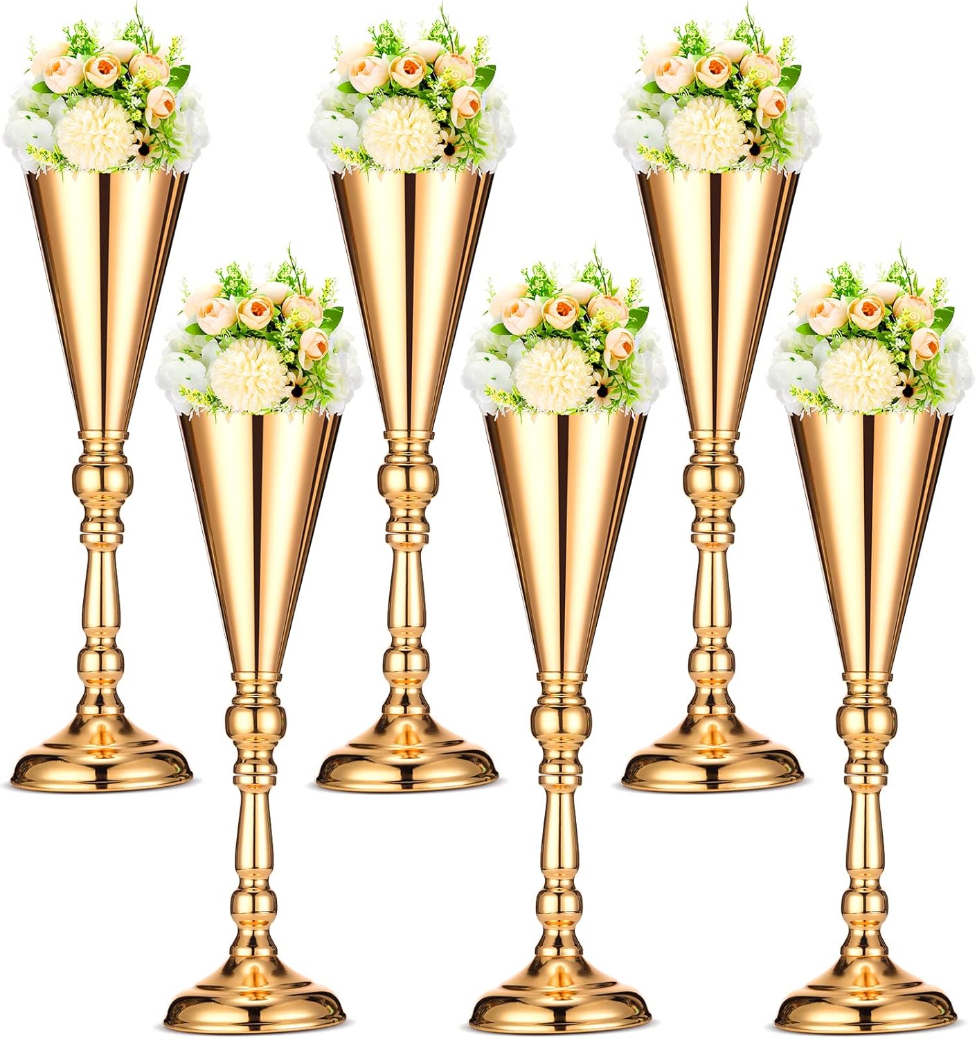 6 Pcs Flower Trumpet Gold Vase Tabletop Centerpiece Gold Tall Flower Vases Bulk Wedding Table Decorative Centerpiece Table Decorations Arrangements for Floral Party Anniversary Birthday(L)