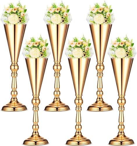 Potchen 6 Pcs Flower Trumpet Gold Vase Tabletop Centerpiece Gold Tall Flower Vases Bulk Wedding Table Decorative Centerpiece Table Decorations Arrangements for Floral Party Anniversary Birthday(L)