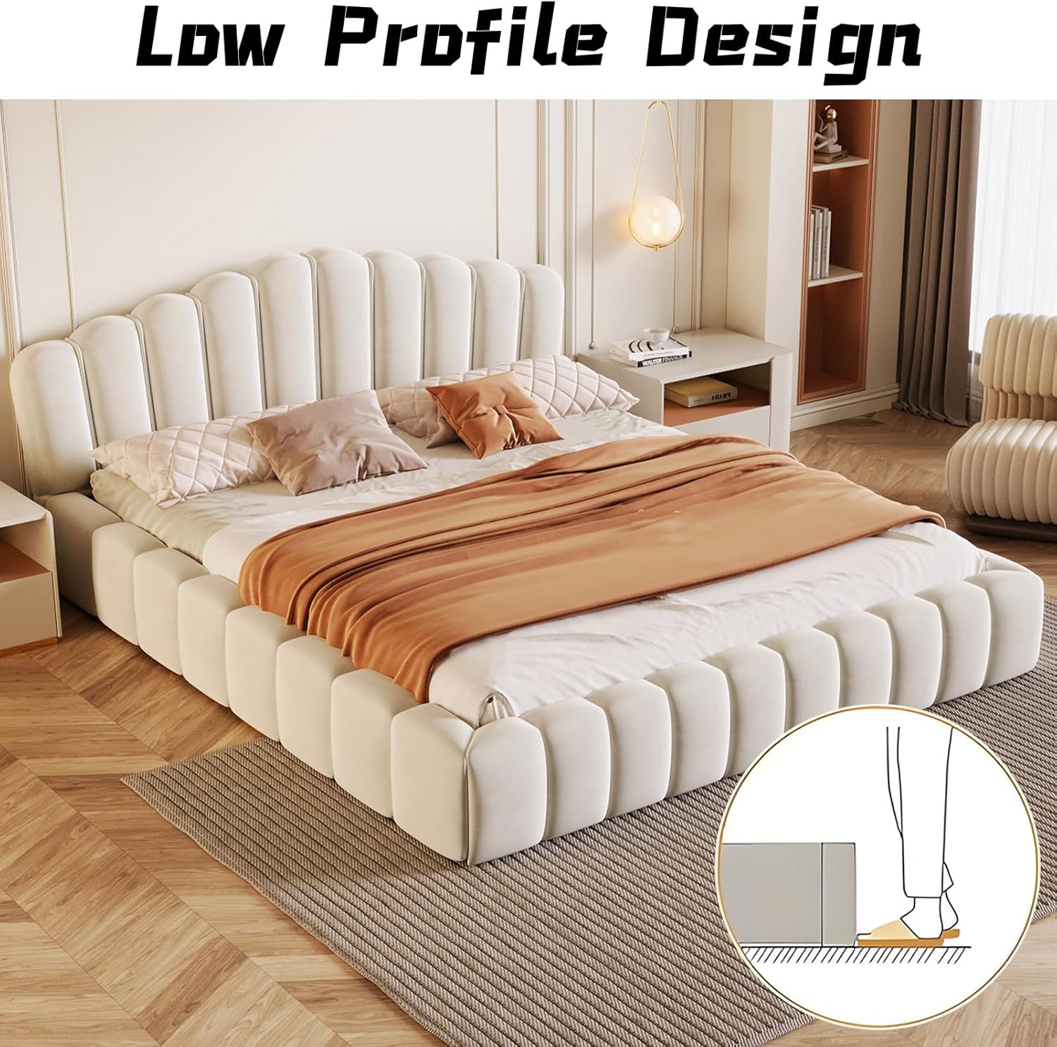Velvet Upholstered Bed Frame Queen&Bed Frame with Headboard,Soft Cloud Bed Frame&Wood Platform Bed,Shell-Shaped,Sturdy Slats,Heavy Duty 500 lbs,No Box Spring Needed,Easy Assembly (Beige)