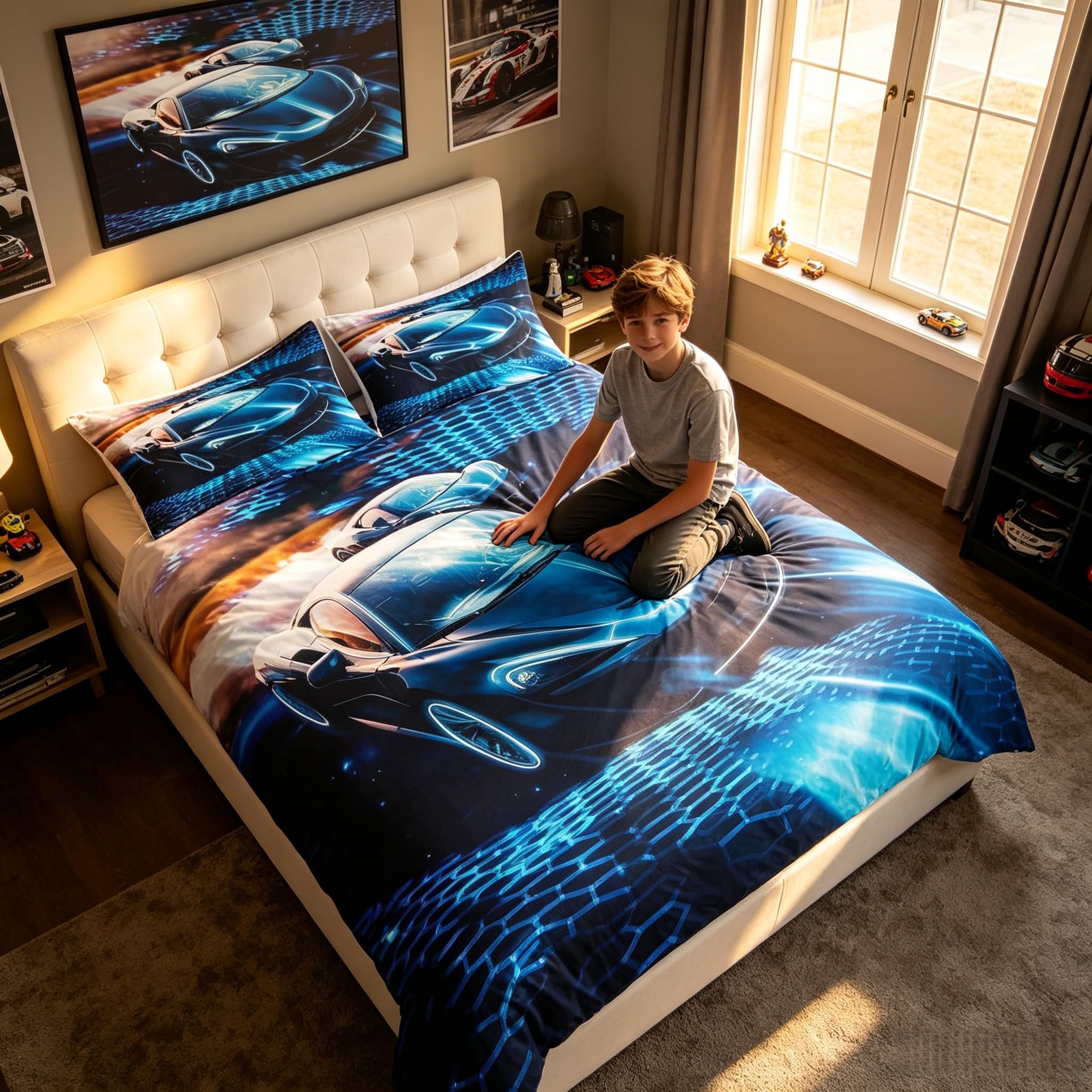 feelingyou Sports Car Duvet Cover Set Single,Blue Light Racing Car Comforter Cover for Kids Boys Gift,Extreme Sport Theme Bedding Set with 1 Pillowcase Bedspread