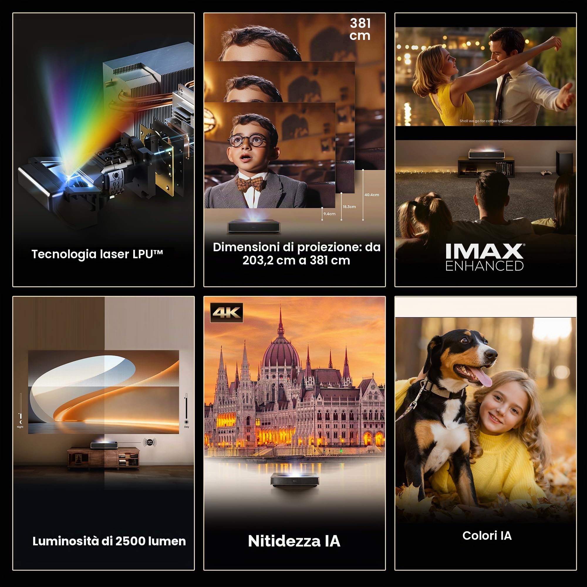 Hisense Laser Cinema PT1, dimensione di proiezione 80''-150", LPU Tech,4K, IMAX Enhanced, Dolby Vision · Atmos,HDR10+,2500 lumen, Ultra Short Throw, 3D, 240Hz Frequenza di ripetizione, VIDAA, senza