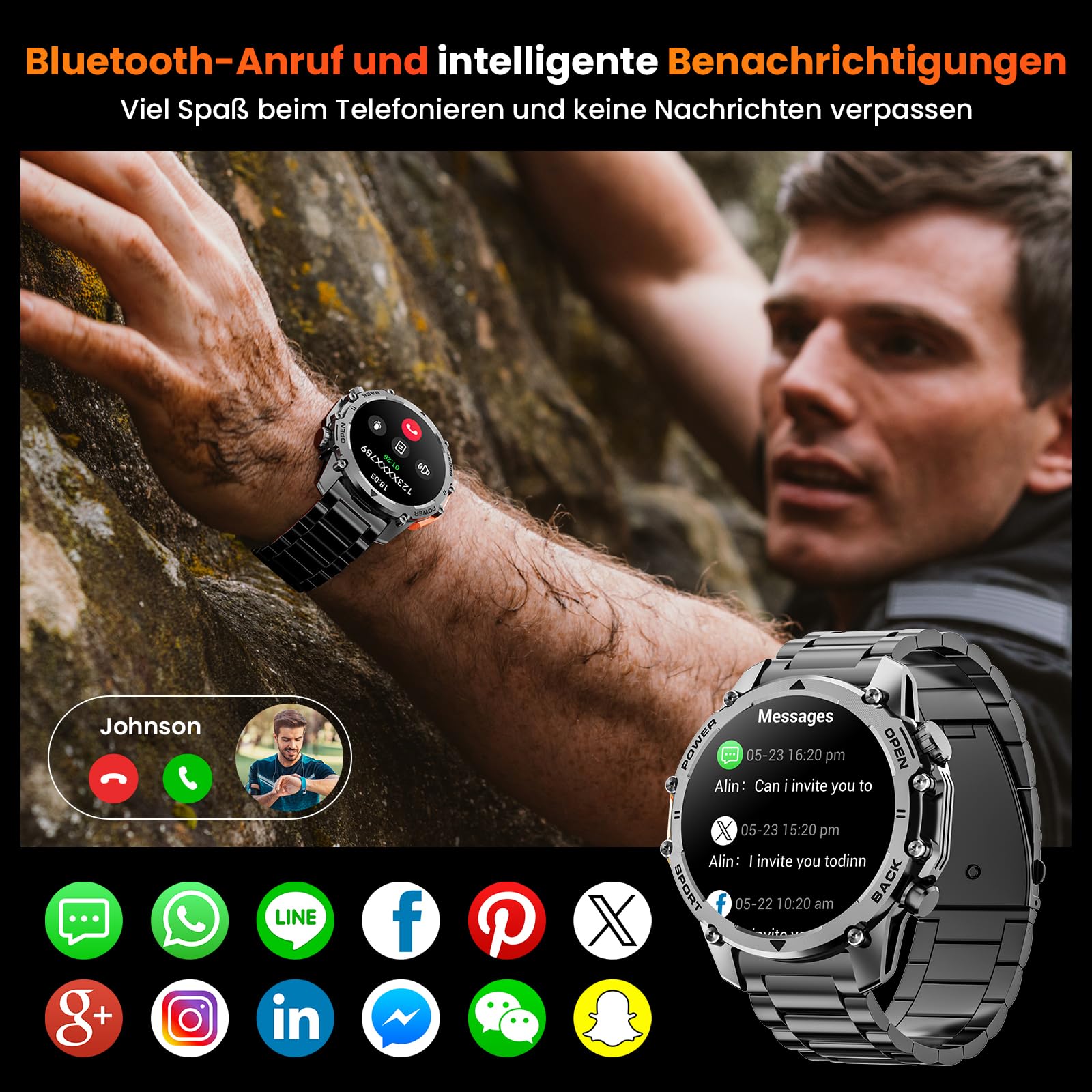 Smartwatch męski, 1,52" HD Smart Watch z 500 mAh, długi czas pracy baterii, 114+ trybów sportowych, styl wojskowy, zegarek fitness z pulsometrem, krokomierzem, monitorem snu, latarką, z systemem