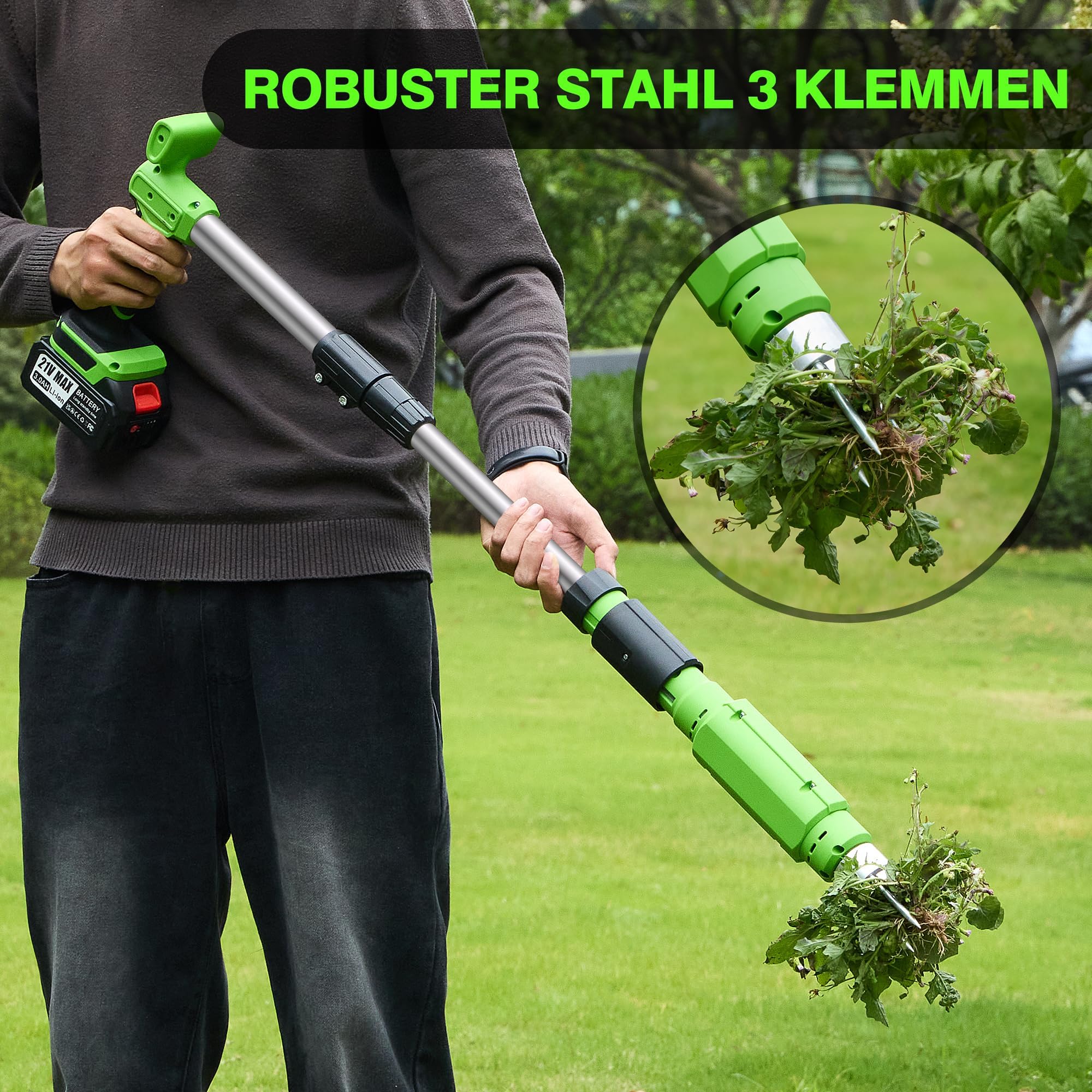 Elektrischer Unkrautstecher, 21V Akku Stand-Up Unkrautentferner Löwenzahnstecher, verstellbarer Griff, Stahlkopf mit 3 Zinken, Unkrautzieher für den Garten, tolles Geschenk für Mama, Papa, Oma und Opa