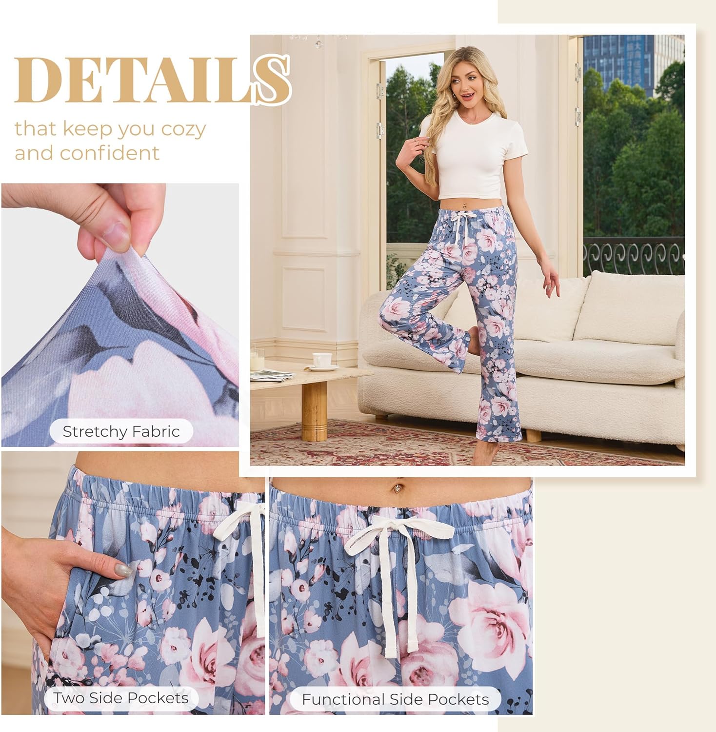 LYCY Women's Floral Print Pajama Pants, Soft Stretchy Pajamas Bottoms with Pockets for Lounging - Image 4