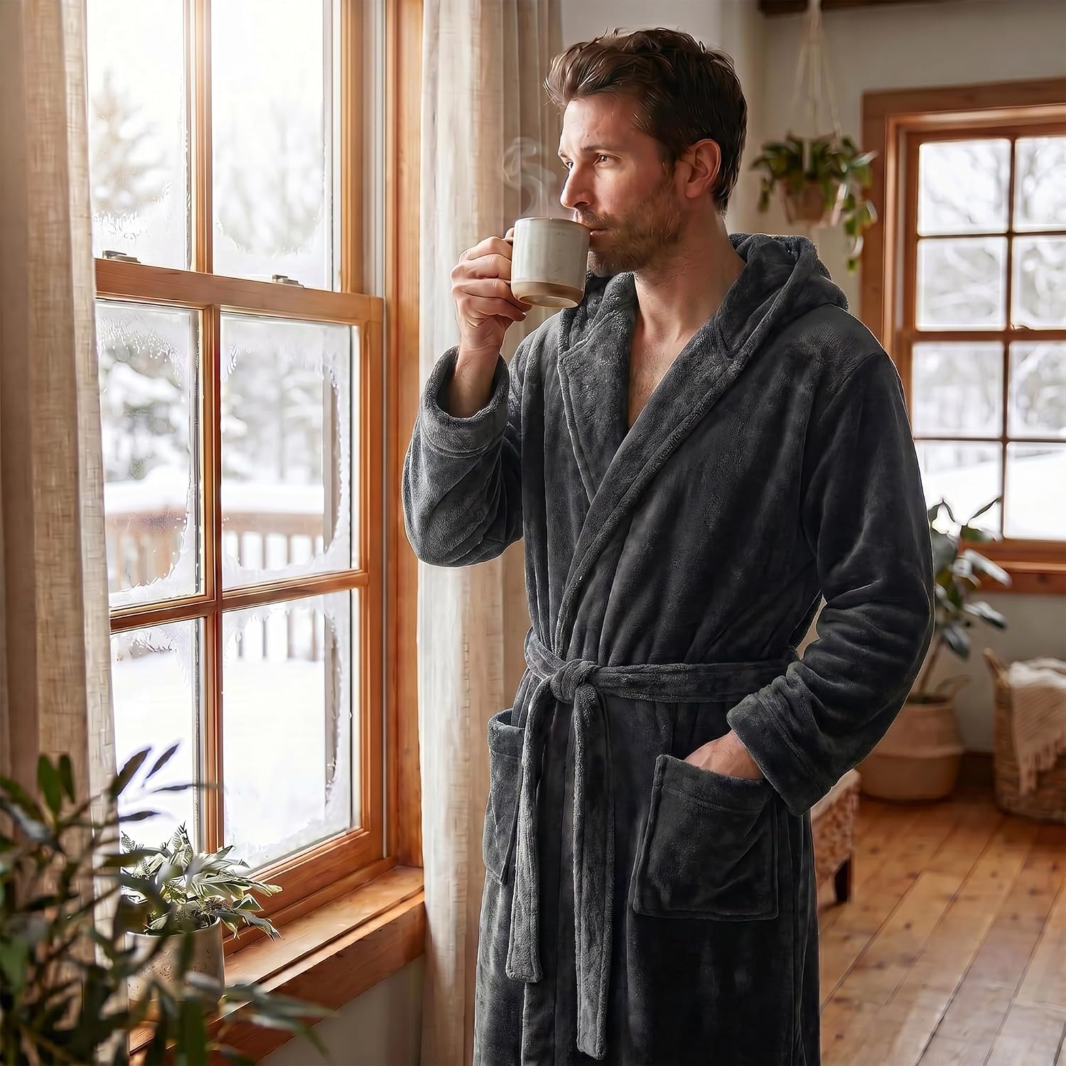 U2SKIIN Mens Hooded Robe, Plush Robes for Men Long Fleece Bathrobe