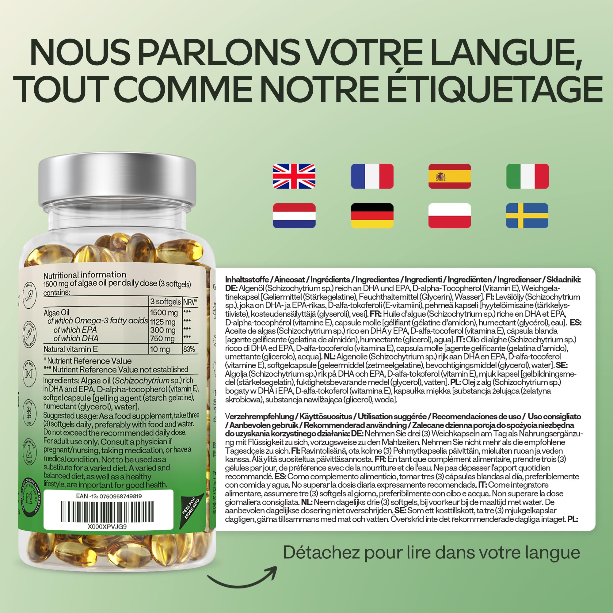 Omega 3 Vegan [1500mg] Oméga 3 d'Huile d'Algue d’Origine Durable Hautement Dosé 750mg DHA + 300mg EPA par Dose - Complément Alimentaire Omega3 100% Végétalien - 90 Gélules