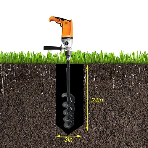 Miniatura 6 de Broca de taladro de 3 x 24 pulgadas, broca para plantación de jardín, broca para plantar, perforadora para poste para plantar bulbos, broca de