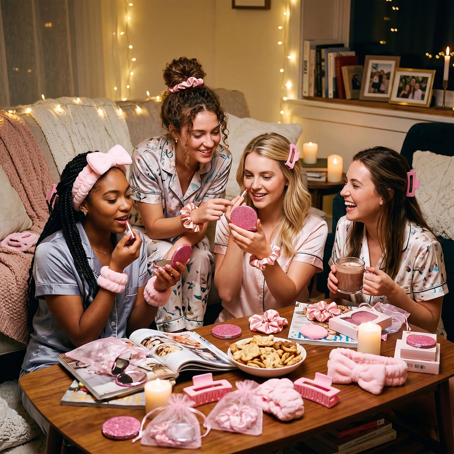 Fanfanwin 42 Pcs Pink Sleepover Party Supplies 6 Spa Headband 12 Pink Wristbands 6 Hair Clip 6 Hair Scrunchies 6 Mirror 6 Organza Bags for Spa Party Favors Birthday Slumber Bridal Showers Gifts