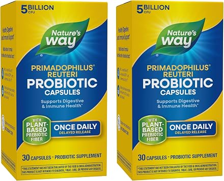 Natures Way Primadophilus Reuteri Probiotics - Multi-Strain Formula - Supports Digestive & Immune Health* - 5 Billion Live Cultures - Acid-Resistant Delayed-Release Capsules - 30 Count 30 Servings