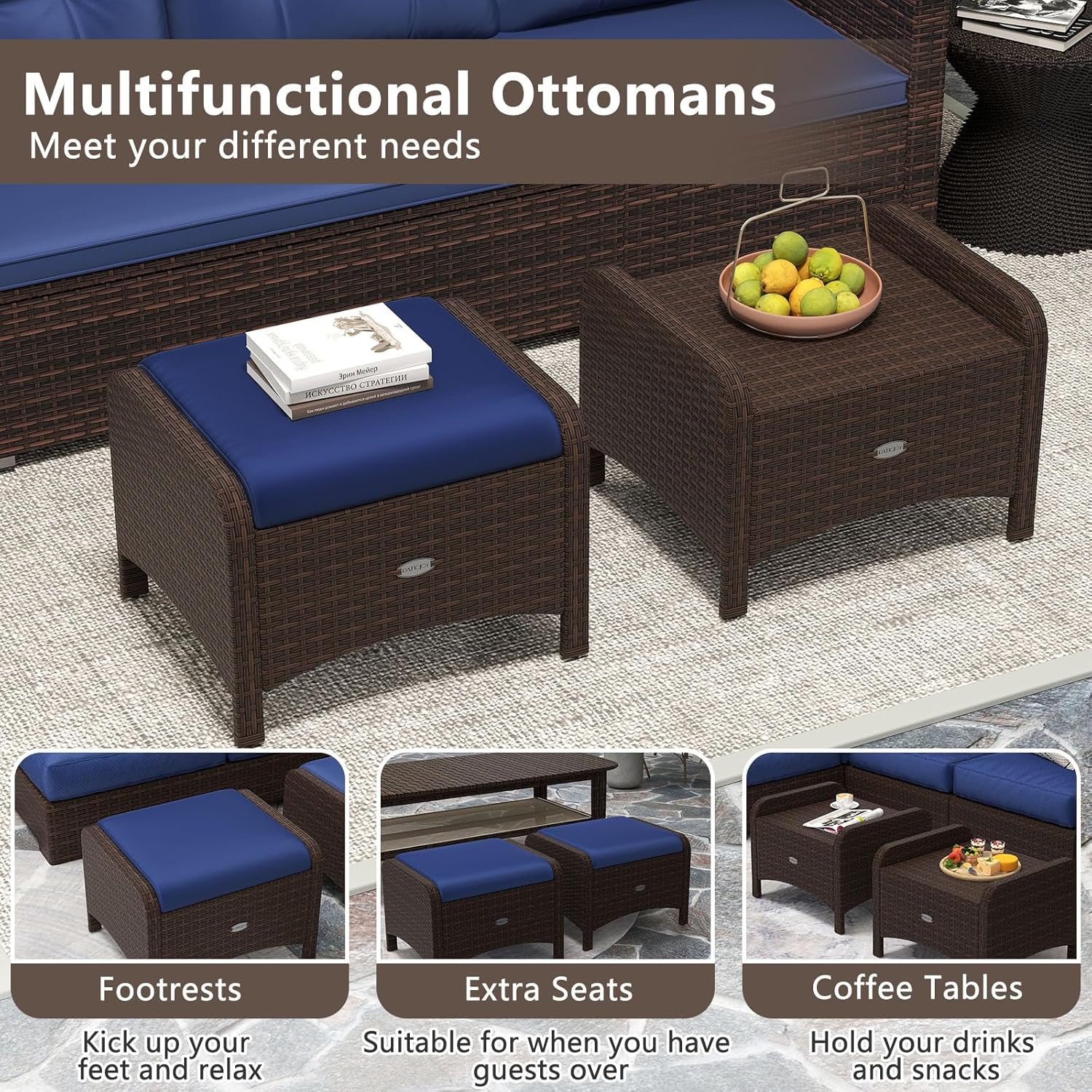 RELAX4LIFE Wicker Outdoor Ottomans for Patio - Set of 2 Rattan Footstools w/Removable Cushions, Multipurpose Outside Foot Rest, Side Table & Additional Seating for Porch Garden Backyard (Navy)