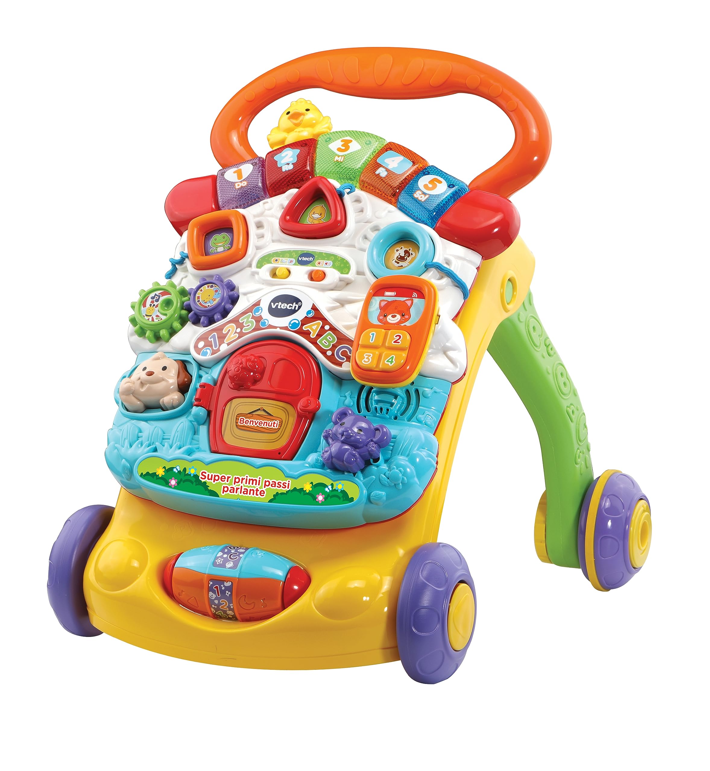 VTech Super gadające pierwsze kroki 2 w 1 - pomarańczowy, pierwsze kroki dla dzieci z czujnikiem ruchu i systemem hamulcowym, uchwytem, zabawą dla dzieci ze zwierzętami i numerami, baterie w zestawie