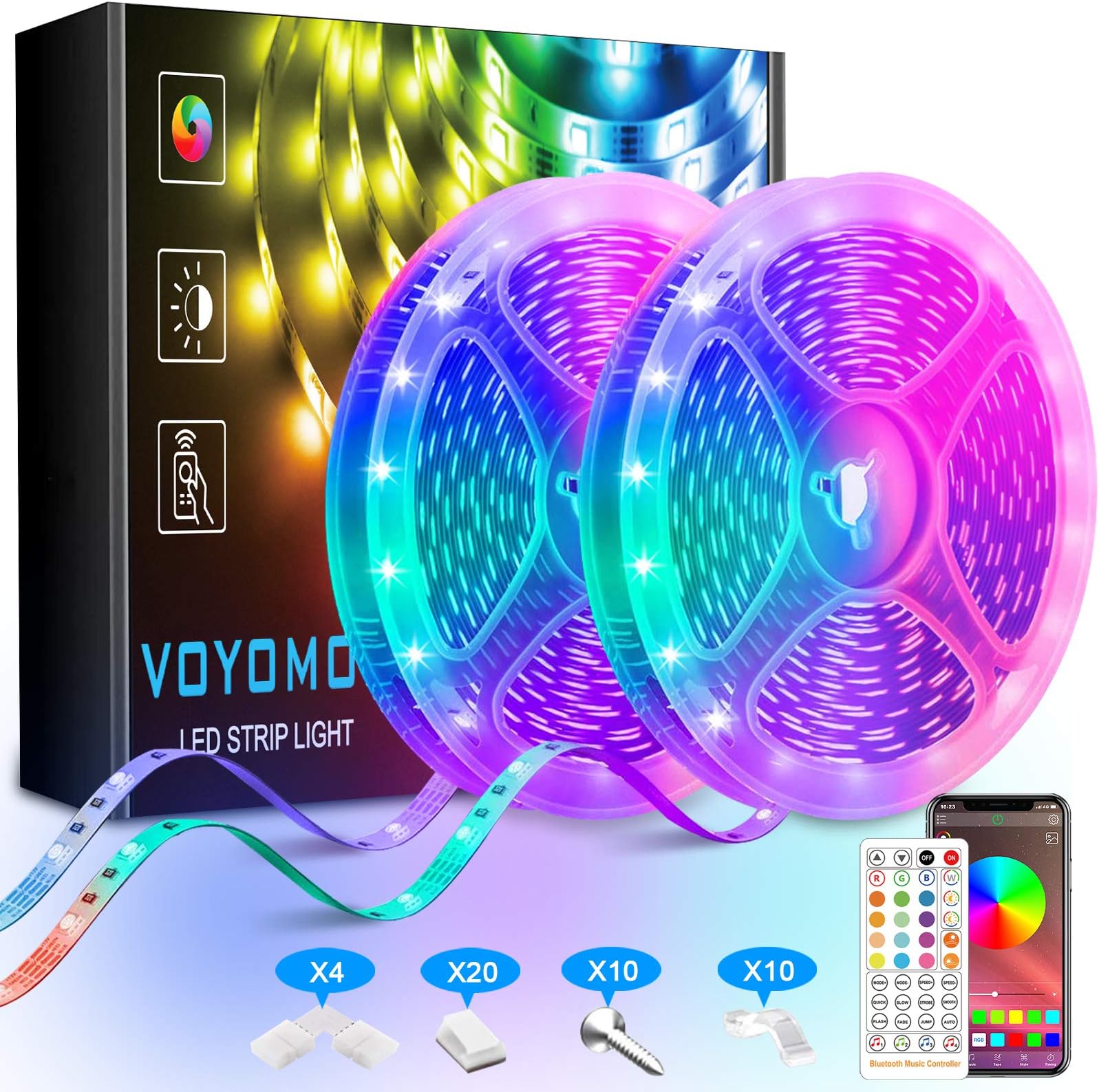 VOYOMO LED Strip Lights 20m, Bluetooth RGB LED Strip Lights with Remote, APP Control Music Sync, Ultra-Long Colour Changing LED Tape Lights for Bedroom, Ceiling, Home Decoration (2 Rolls of 10m)