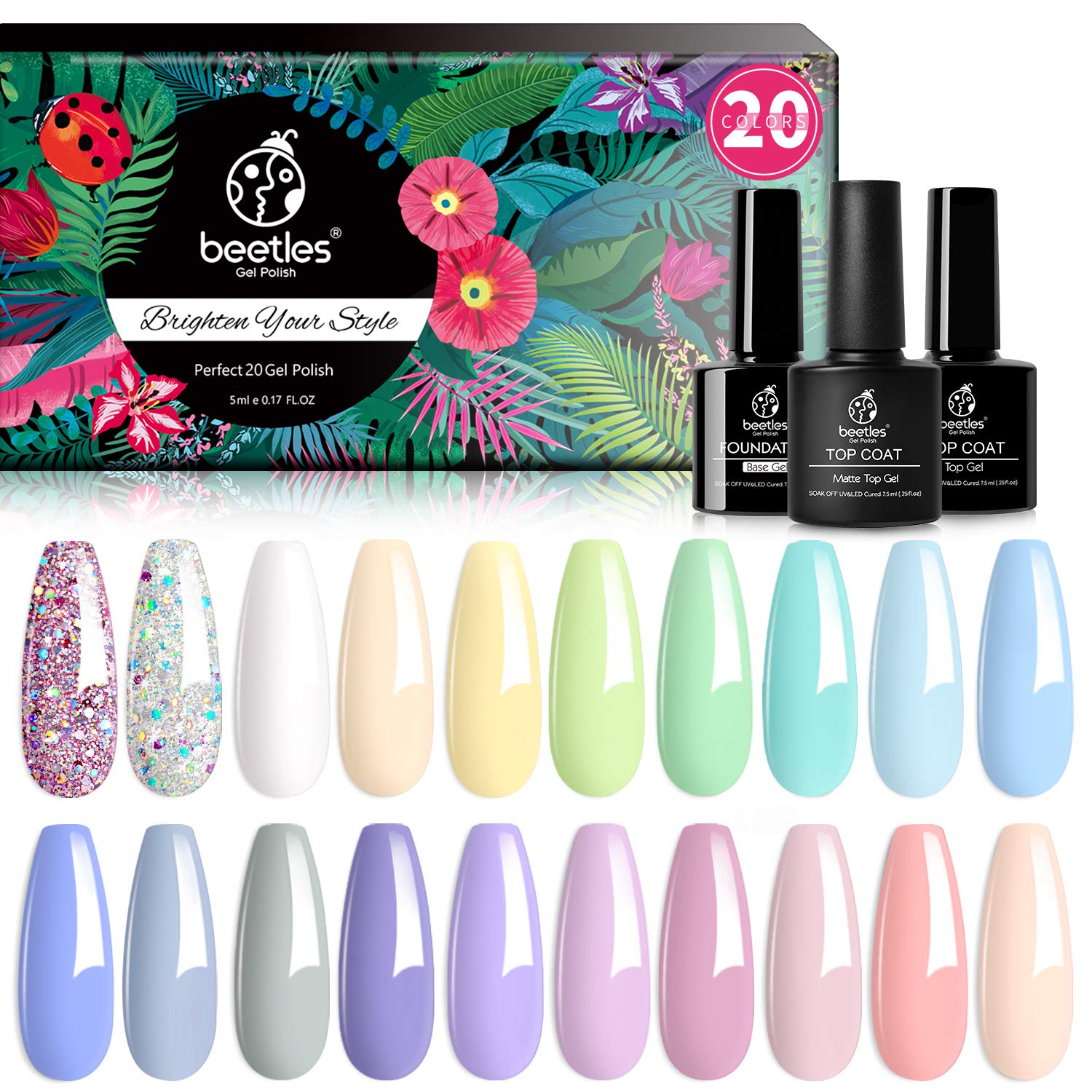 Beetles 20Pcs Gel Nail Polish Kit Pastel Paradise Girly Colors with Nail Tips and Glue Gel Nail Kit Easy DIY Nail Art Fast Nail Extension Set Acrylic Nail Kit