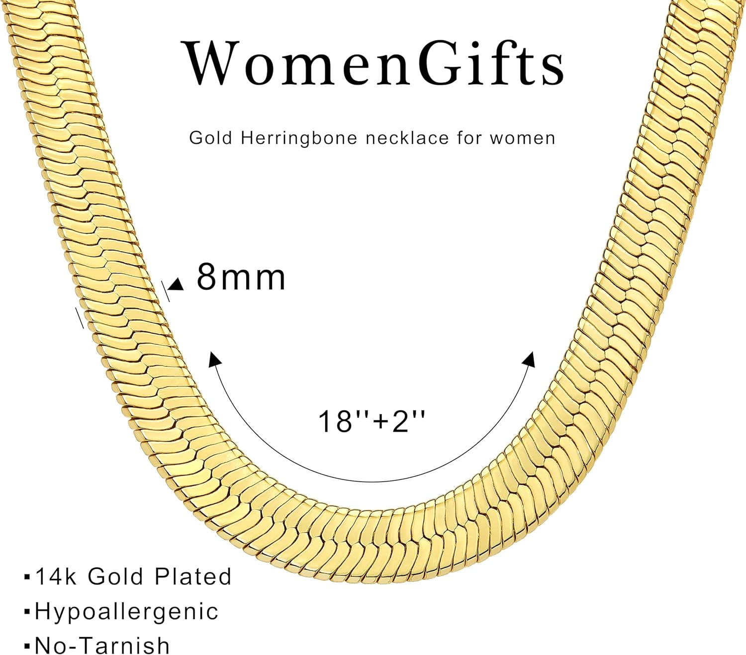 WomenGifts 14K Gold Silver Plated Herringbone Necklace for Women, Dainty Snake Chain Choker, Trendy Simple Long Layered Jewelry Non Tarnish, 3/4/5/8mm,14,16,18,20,22,24,26 Inch Thin & Chunky Options - Image 4