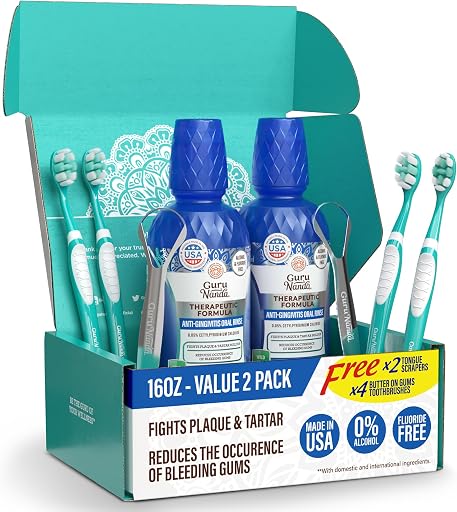 GuruNanda Healthy Gums Mouthwash for Gingivitis & Bleeding Gums – Antigingivitis Oral Rinse with 0.05% CPC – Alcohol-Free, Fluoride-Free Plaque Control, Wild Mint - 16 oz, Pack of 2